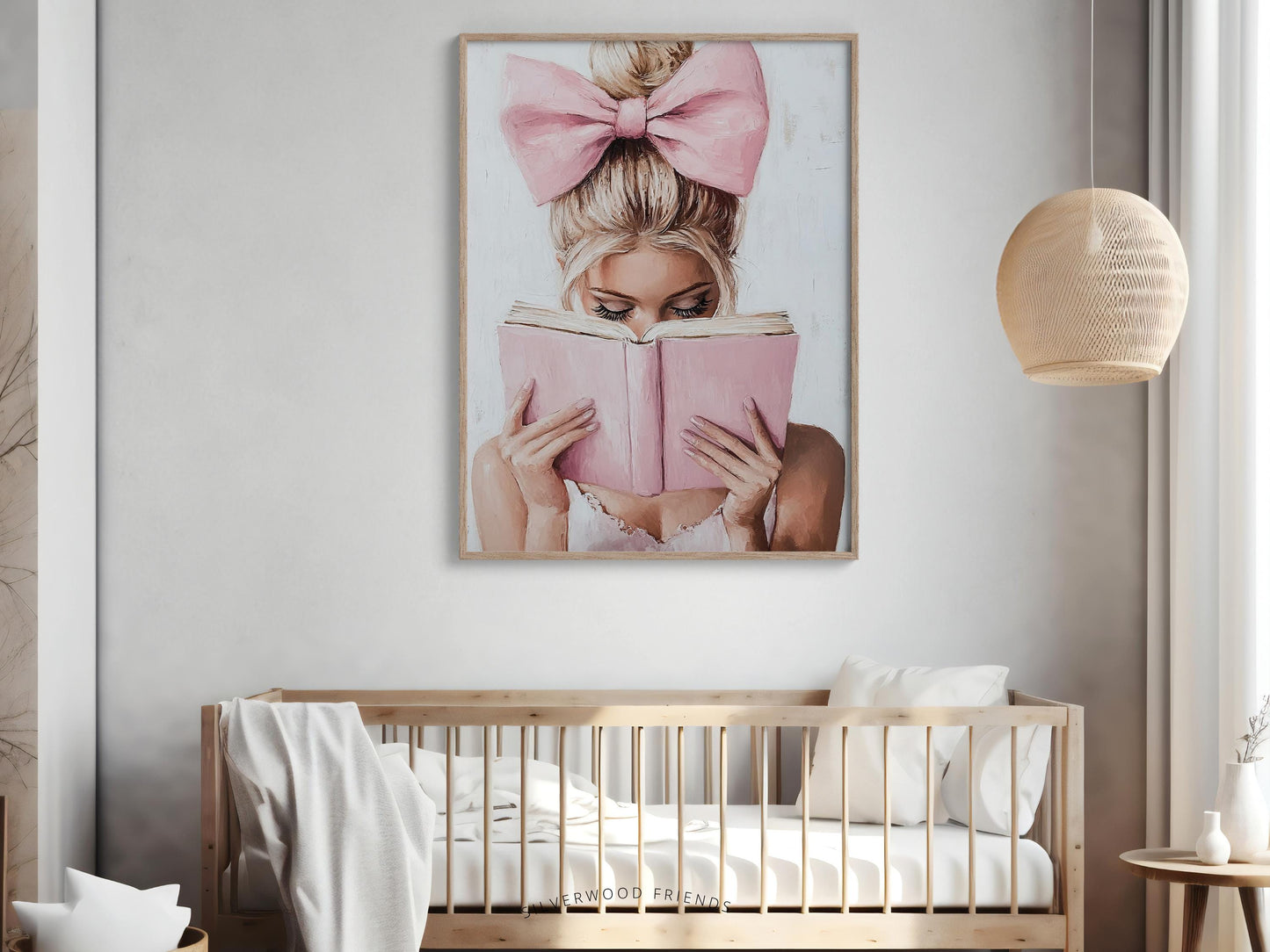 Blonde Girl Reading Poster Print, Pastel Book Nook Wall Art Print, Pink Girly Bookish Library Wall Decor, Reading Dorm Room Digital Print