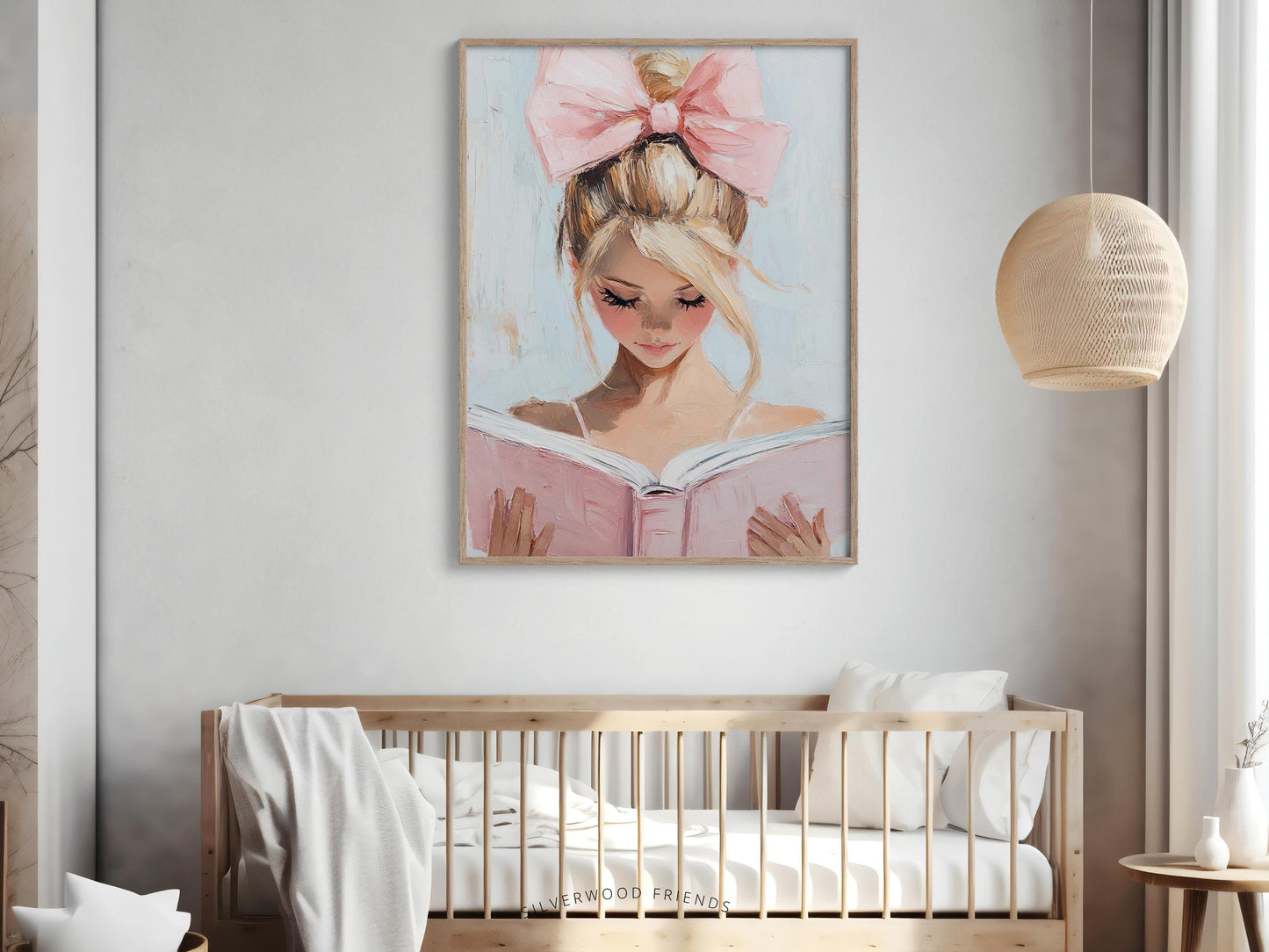 Blonde Girl Reading Poster Print, Pastel Book Nook Library Wall Art Print, Pink Girly Bookish Library Decor, Preppy Dorm Room Digital Print
