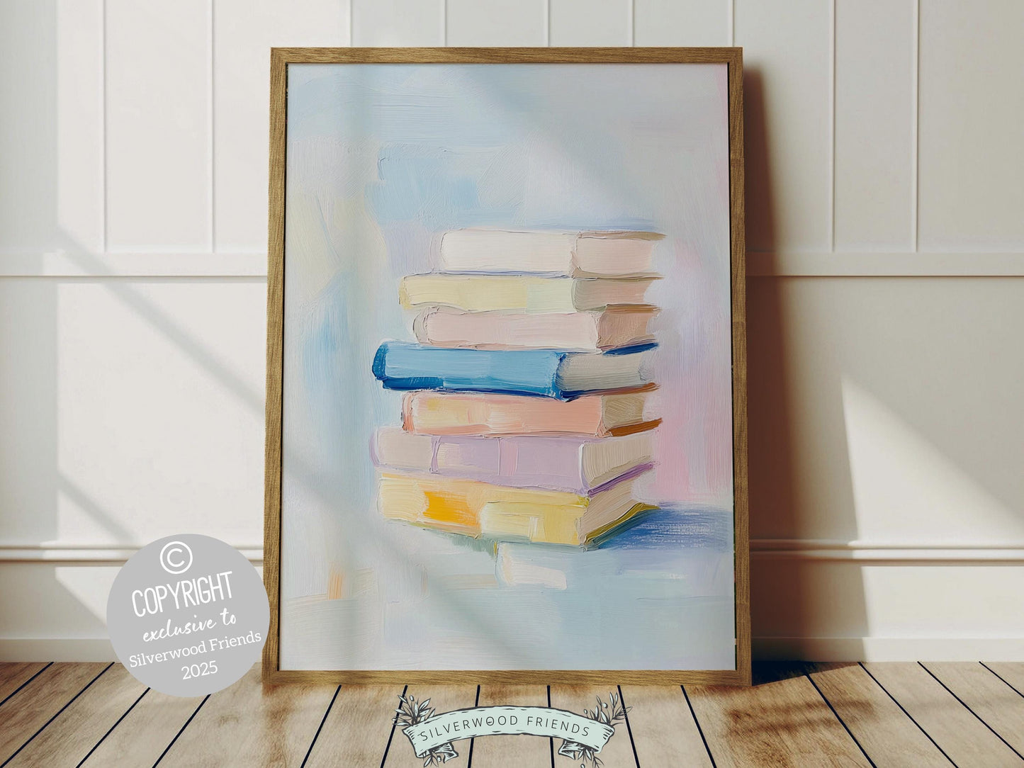 Elevate your space with this trendy pastel pink print, featuring a dreamy oil painting-style stack of pastel colored books that exudes charm and whimsy. Perfect for book lovers and writers, it’s ideal for adding personality to your reading nook