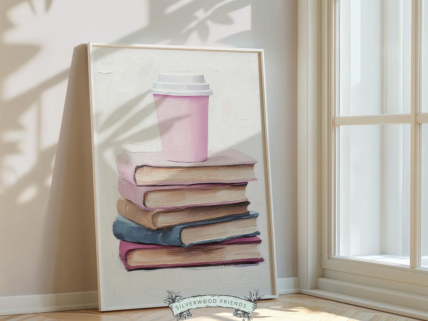 Pastel Coffee Book Poster, Coffee Bar Sign, Pastel Book Nook Library Wall Art Print, Pink Girly Dorm Room Bookish Wall Decor Digital Print