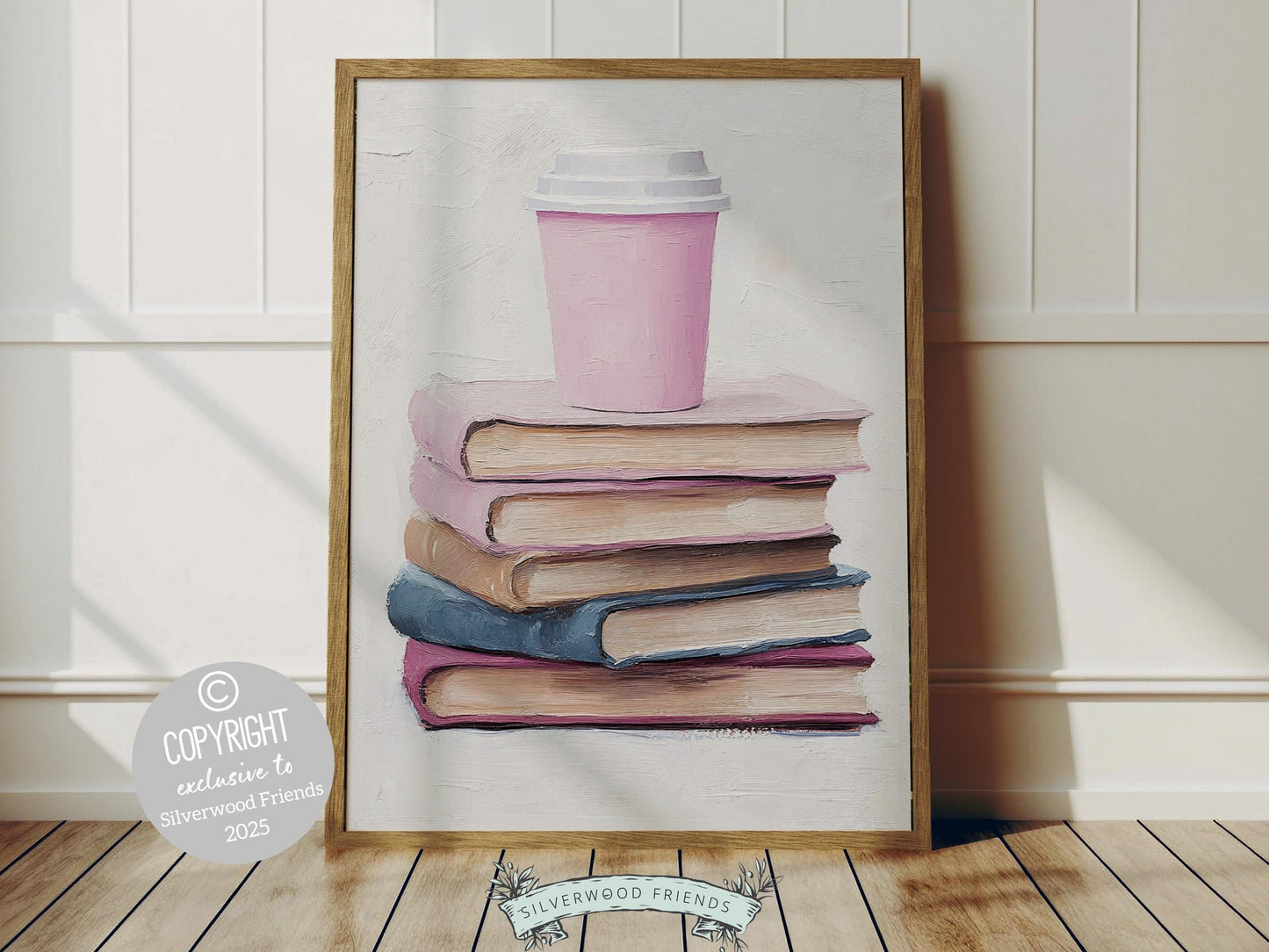 Trendy pastel pink print, featuring a dreamy oil painting-style stack of pastel-colored books and a cozy coffee cup. Perfect for book lovers, writers, and coffee enthusiasts, it’s an ideal choice for decorating your cafe, reading nook, or dorm.