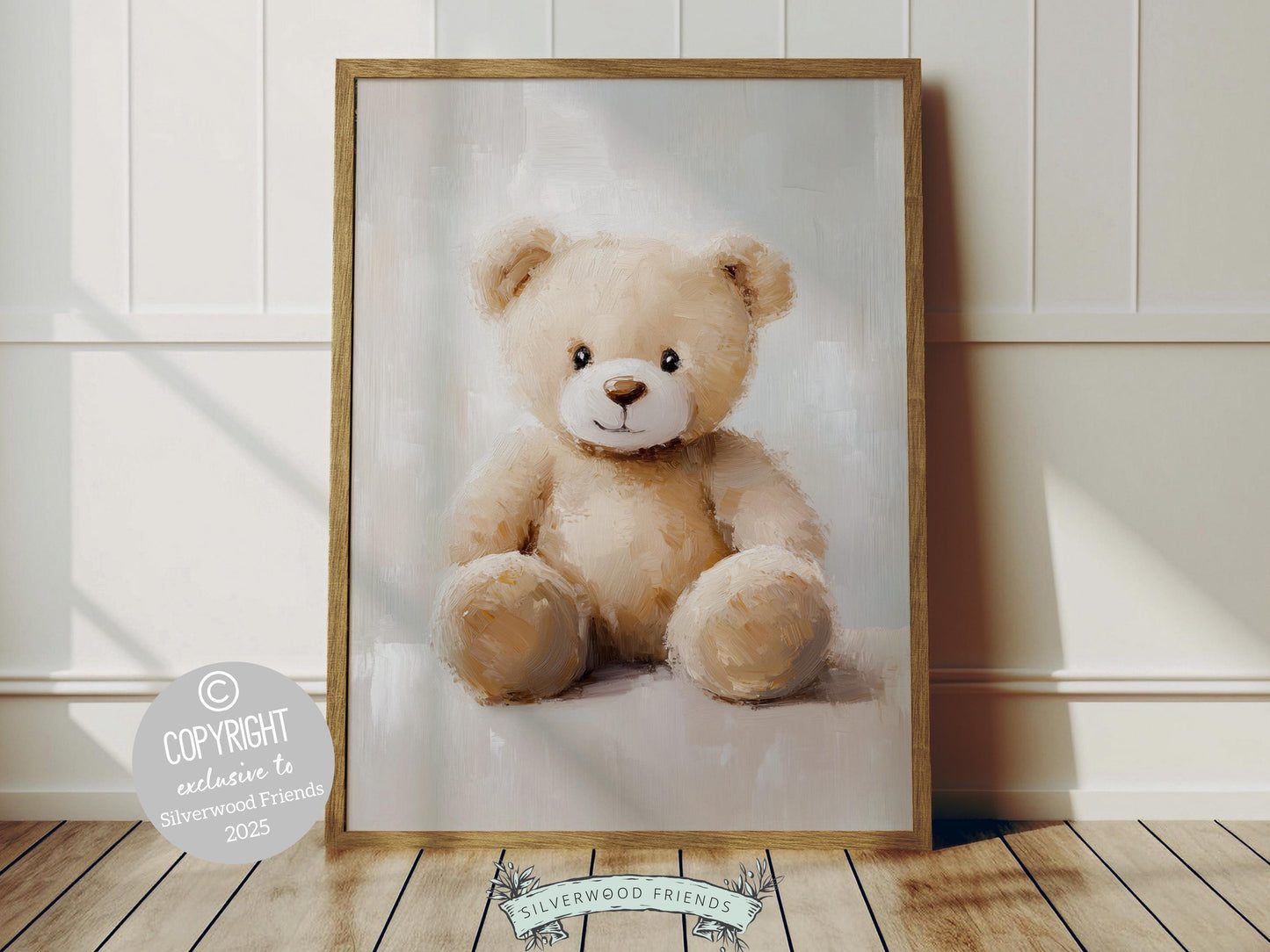Our charming Teddy Bear Nursery Print features an adorable watercolor beige teddy bear, designed with soft, textured brush strokes for a cozy touch. Perfect for bear nursery decor, it also makes a unique and thoughtful gender neutral baby shower gift