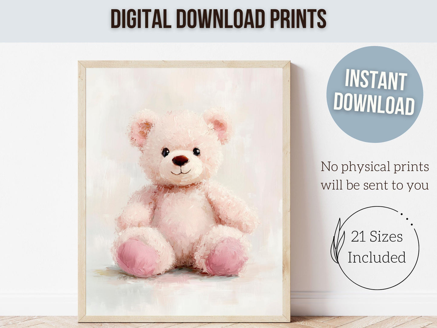 Teddy Bear Nursery Print, Baby Girl Pink Teddy Bear Nursery Decor, Neutral Teddy Bear Nursery Wall Art Watercolor Vintage Bear Digital Print