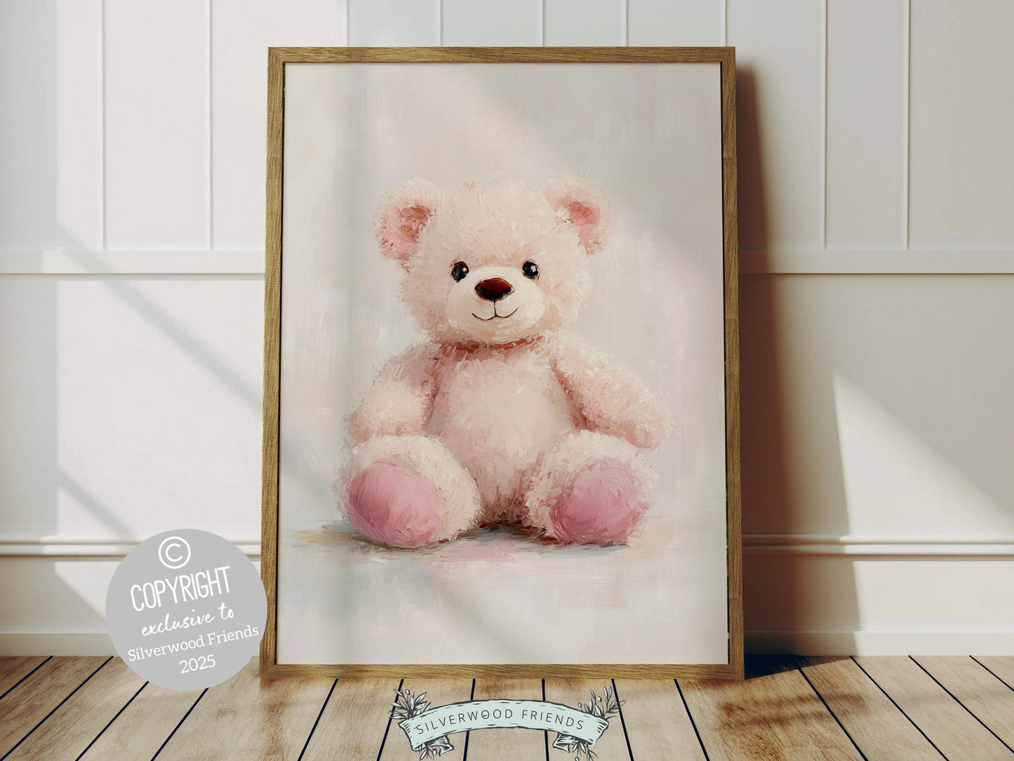 Our charming Teddy Bear Nursery Print features an adorable watercolor pink teddy bear, designed with soft, textured brush strokes for a cozy touch. Perfect for bear nursery decor, it also makes a unique and thoughtful baby shower gift!