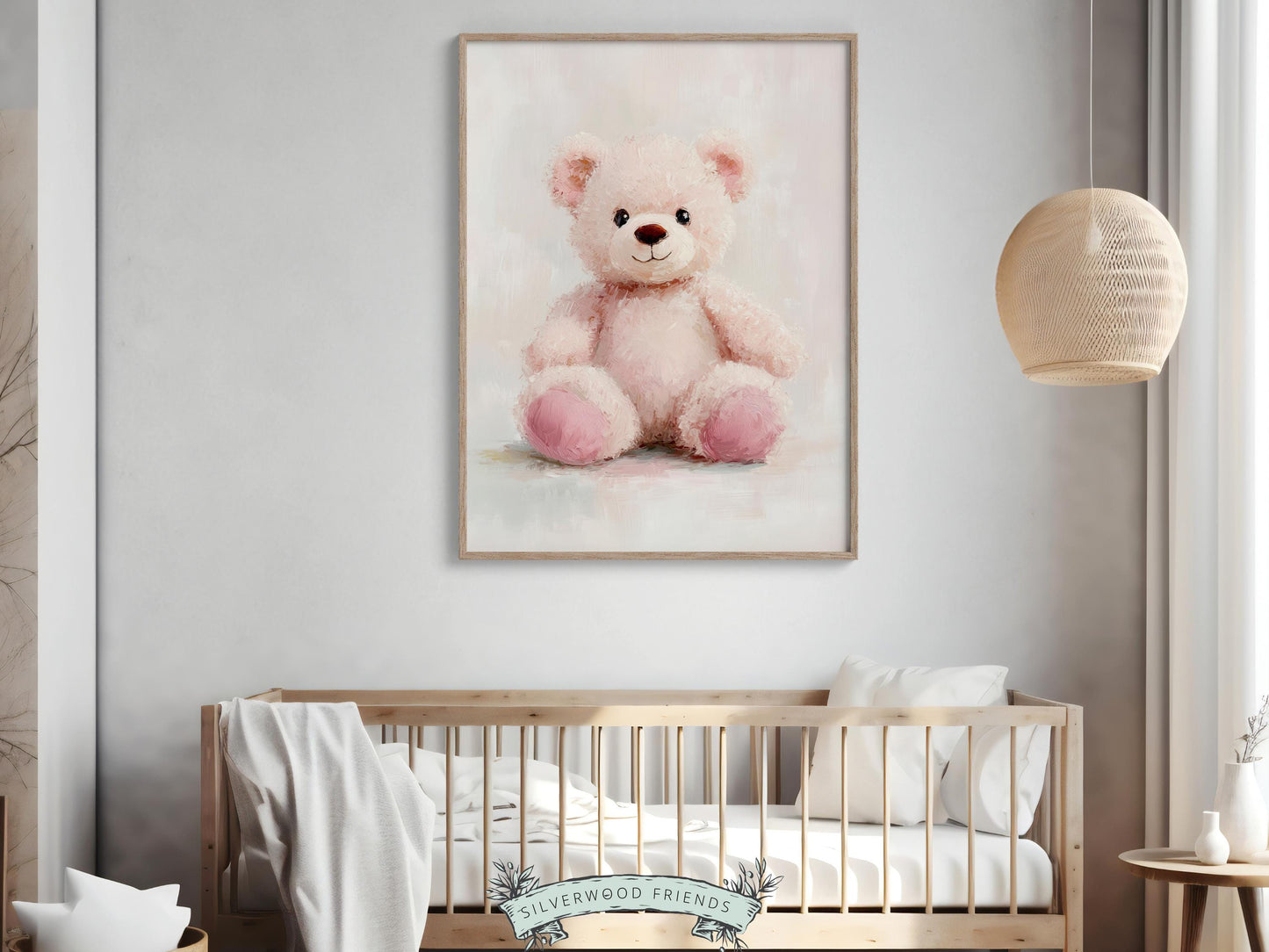 Teddy Bear Nursery Print, Baby Girl Pink Teddy Bear Nursery Decor, Neutral Teddy Bear Nursery Wall Art Watercolor Vintage Bear Digital Print