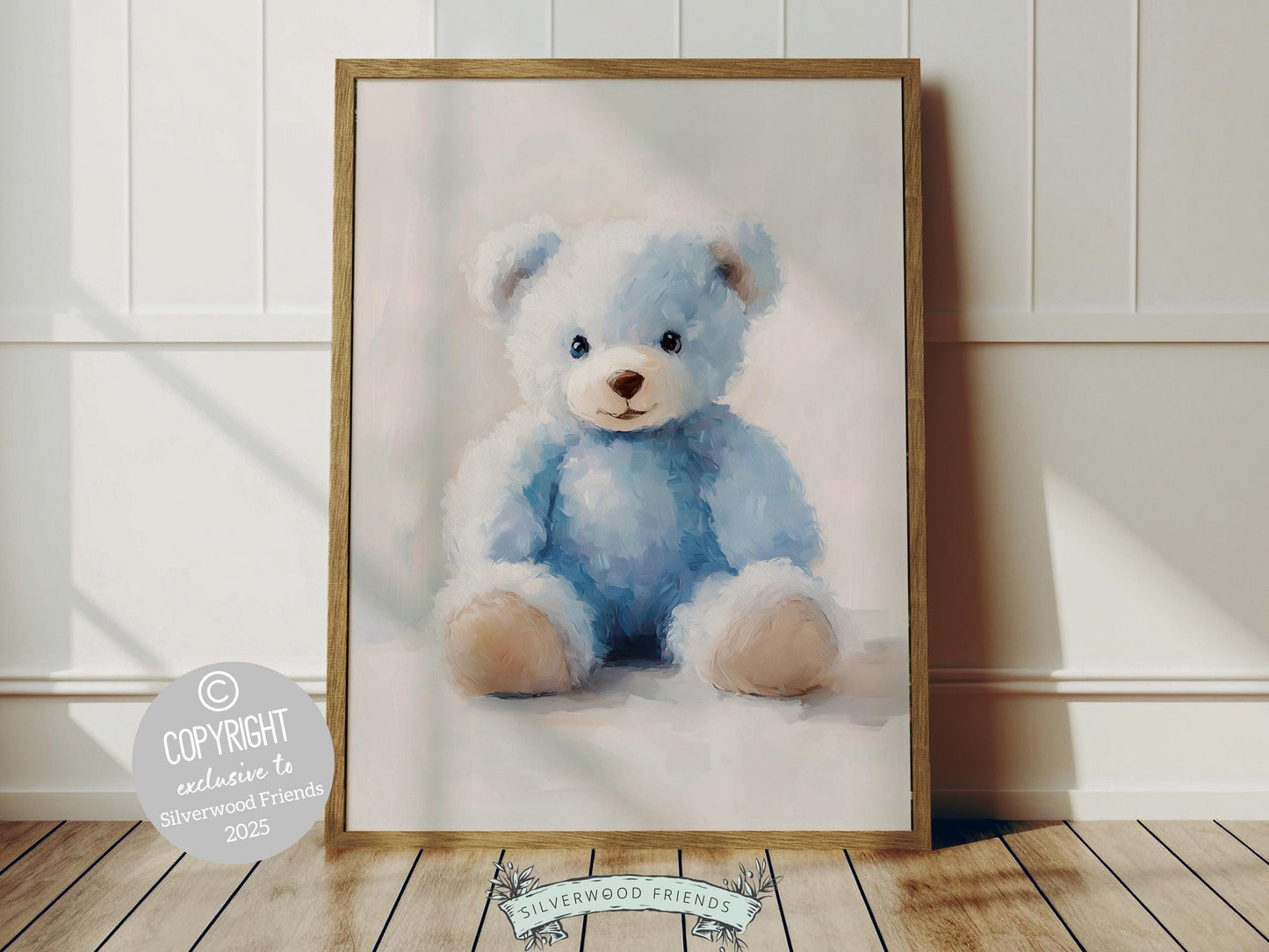 Our charming Teddy Bear Nursery Print features an adorable watercolor blue teddy bear, designed with soft, textured brush strokes for a cozy touch. Perfect for bear nursery decor, it also makes a unique and thoughtful baby boy baby shower gift!