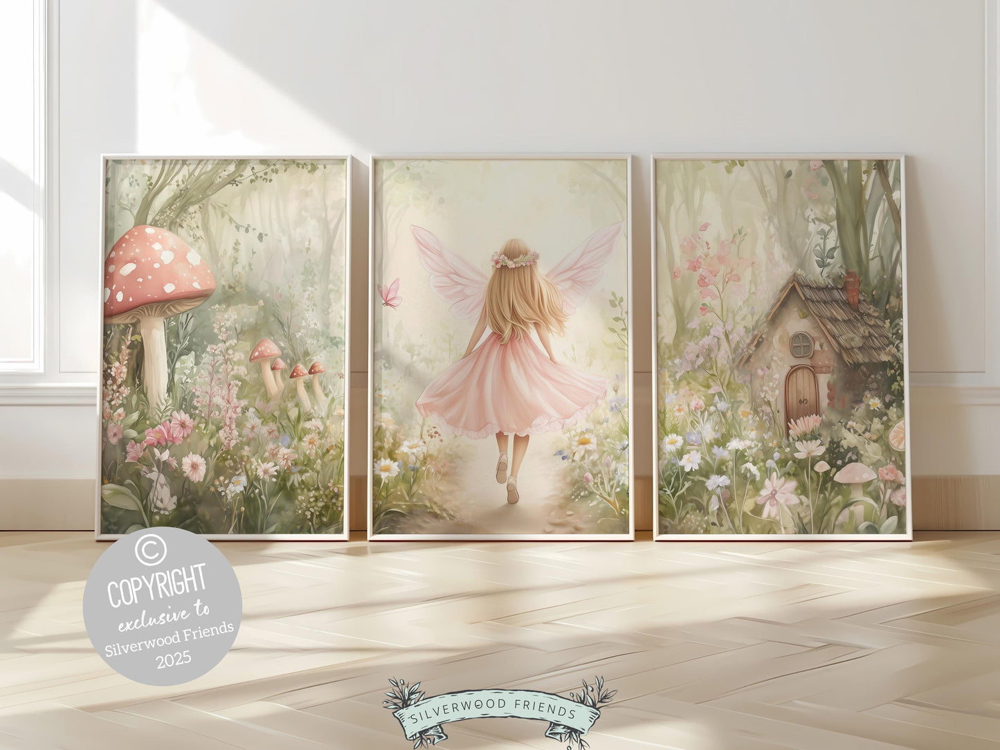 Fairy Garden Nursery Prints featuring a little blonde fairy girl, fairy house and wildflowers. The perfect adornment for your baby girl's whimsical fairy nursery decor or a cherished baby shower gift guaranteed to enchant.