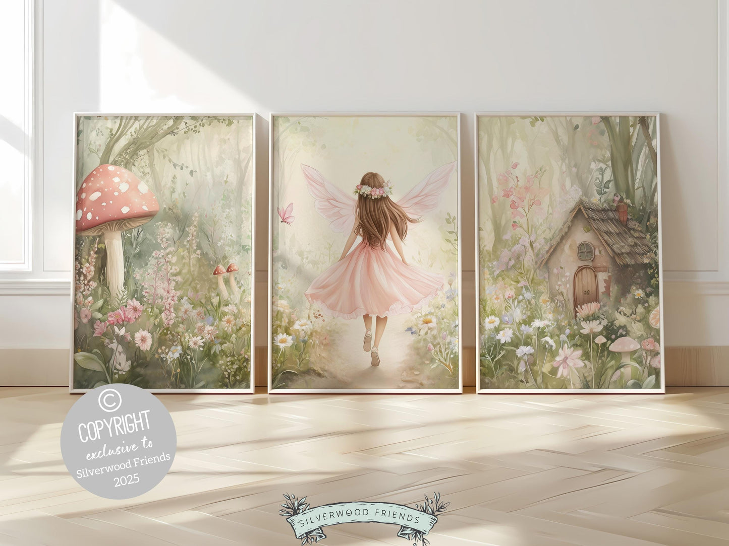 Fairy Garden Nursery Prints featuring a little brunette fairy girl, fairy house and wildflowers. The perfect adornment for your baby girl's whimsical fairy nursery decor or a cherished baby shower gift guaranteed to enchant.