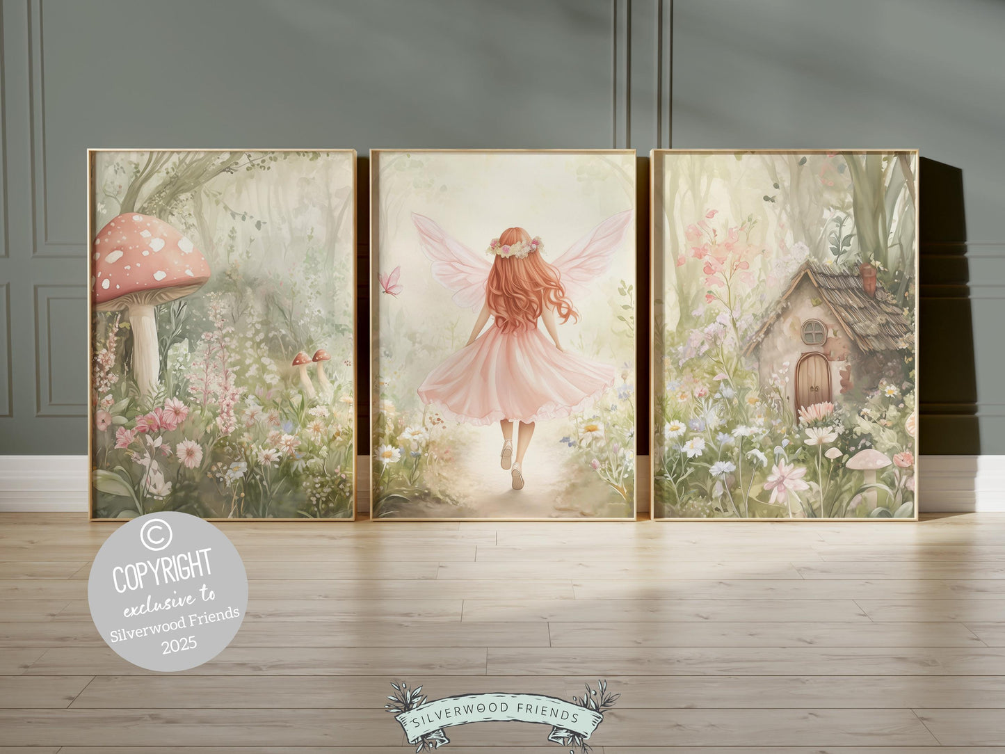 Fairy Garden Nursery Prints featuring a little red haired fairy girl, fairy house and wildflowers. The perfect adornment for your baby girl's whimsical fairy nursery decor or a cherished baby shower gift guaranteed to enchant.