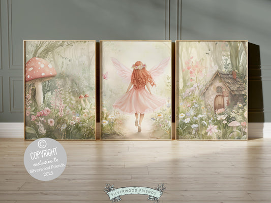Fairy Garden Nursery Prints featuring a little red haired fairy girl, fairy house and wildflowers. The perfect adornment for your baby girl's whimsical fairy nursery decor or a cherished baby shower gift guaranteed to enchant.