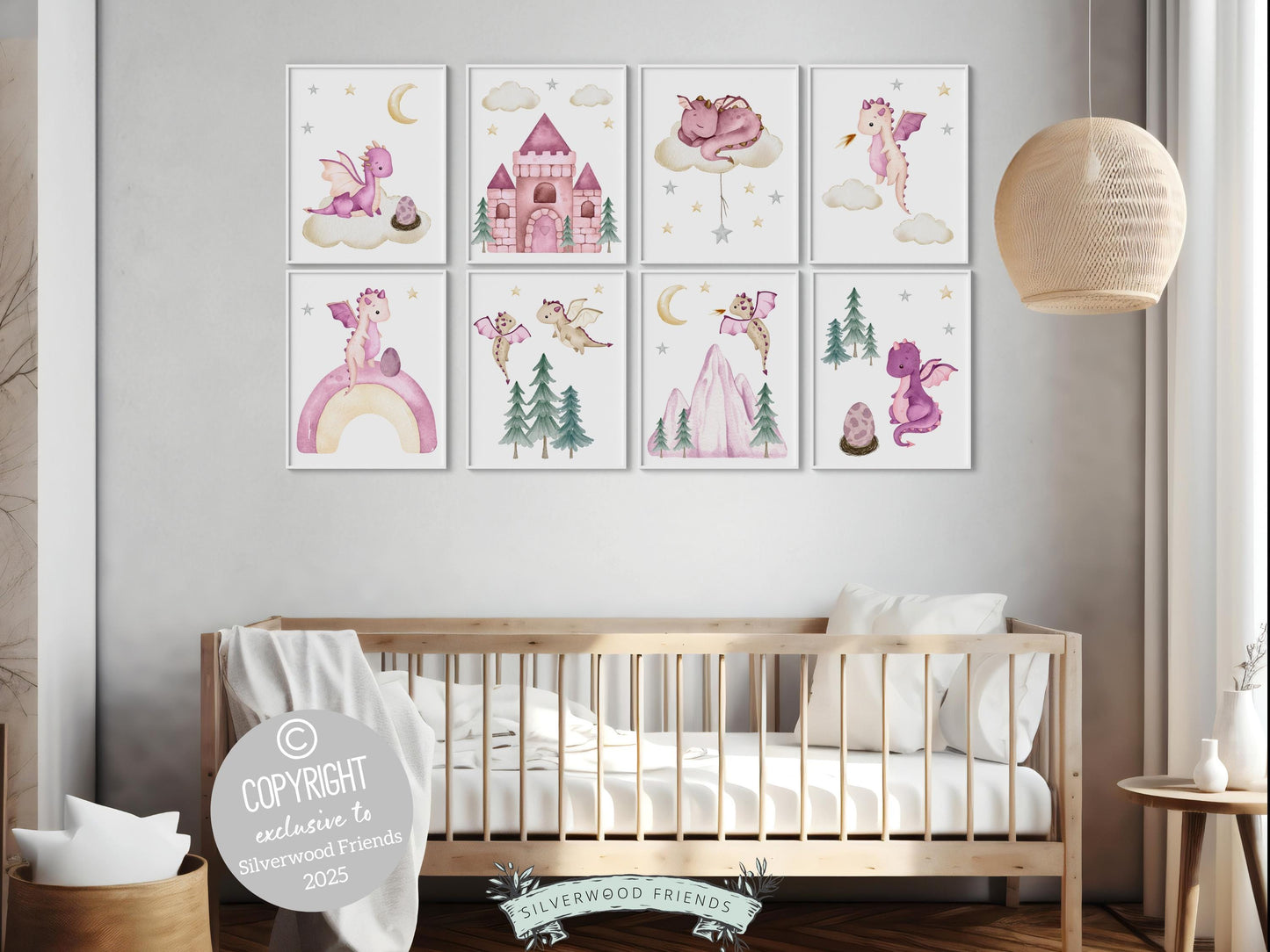 Baby Dragon Nursery Prints Set of 8, Girls Dragon Nursery Decor, Fairytale Dungeons Dragons Nursery Wall Art, Fantasy Nursery Digital Prints
