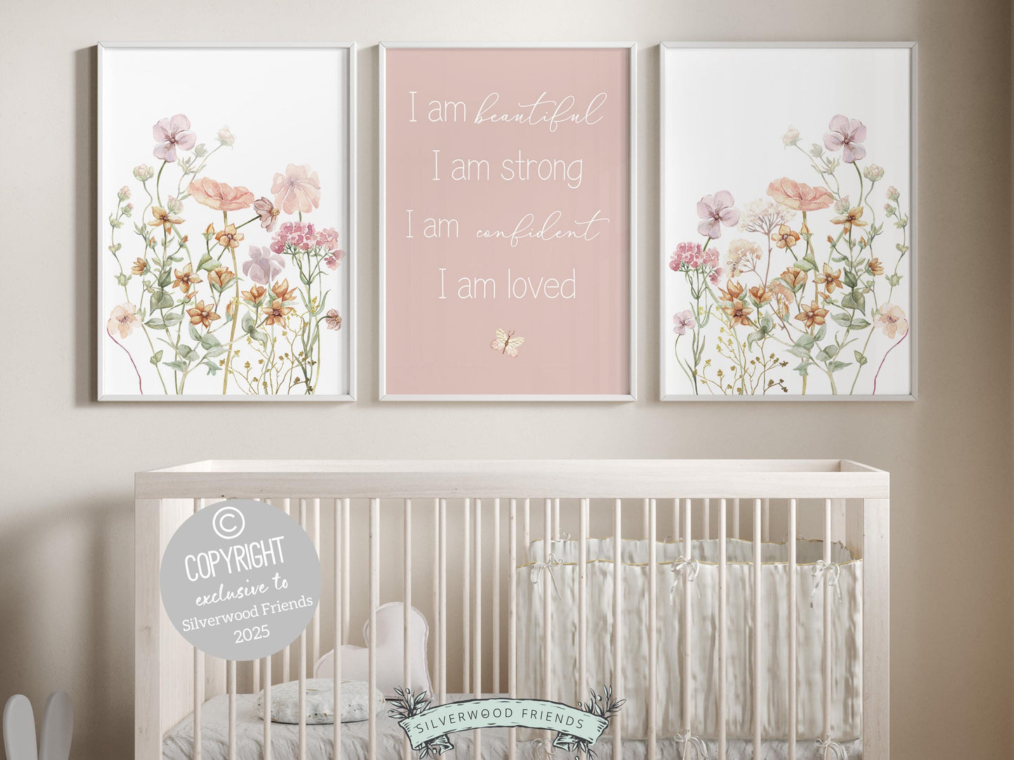 Wildflower Nursery Print Set with watercolor wildflower meadow flowers, butterfly and positive affirmations I am beautiful, I am strong, I am confident, I am loved, is perfect for your wildflower nursery decor and also makes a unique baby shower gift
