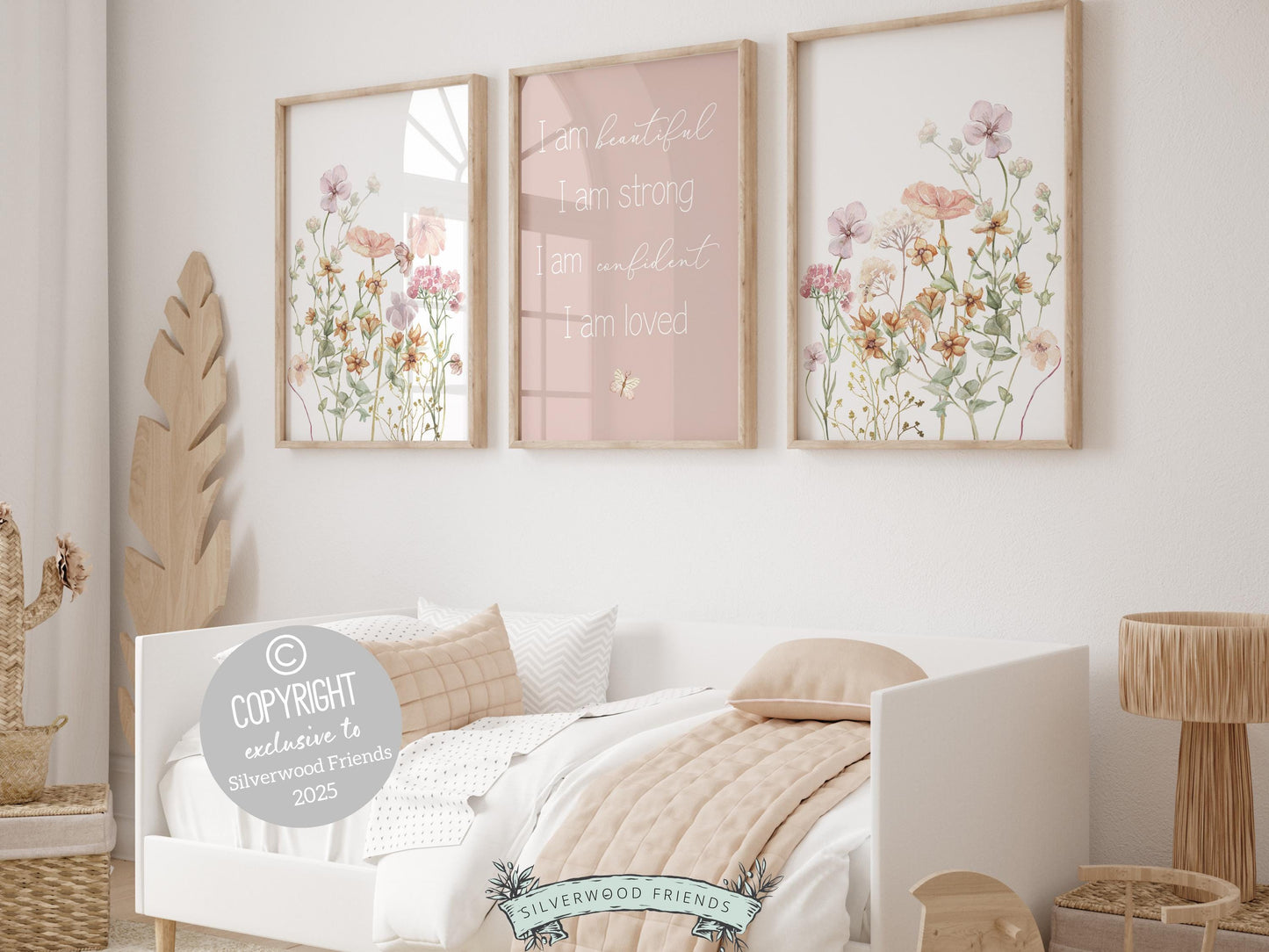 Girls Affirmation Wildflower Nursery Prints, Boho Floral Wildflower Nursery Wall Art, I Am Loved Positive Affirmations Poster Digital Print