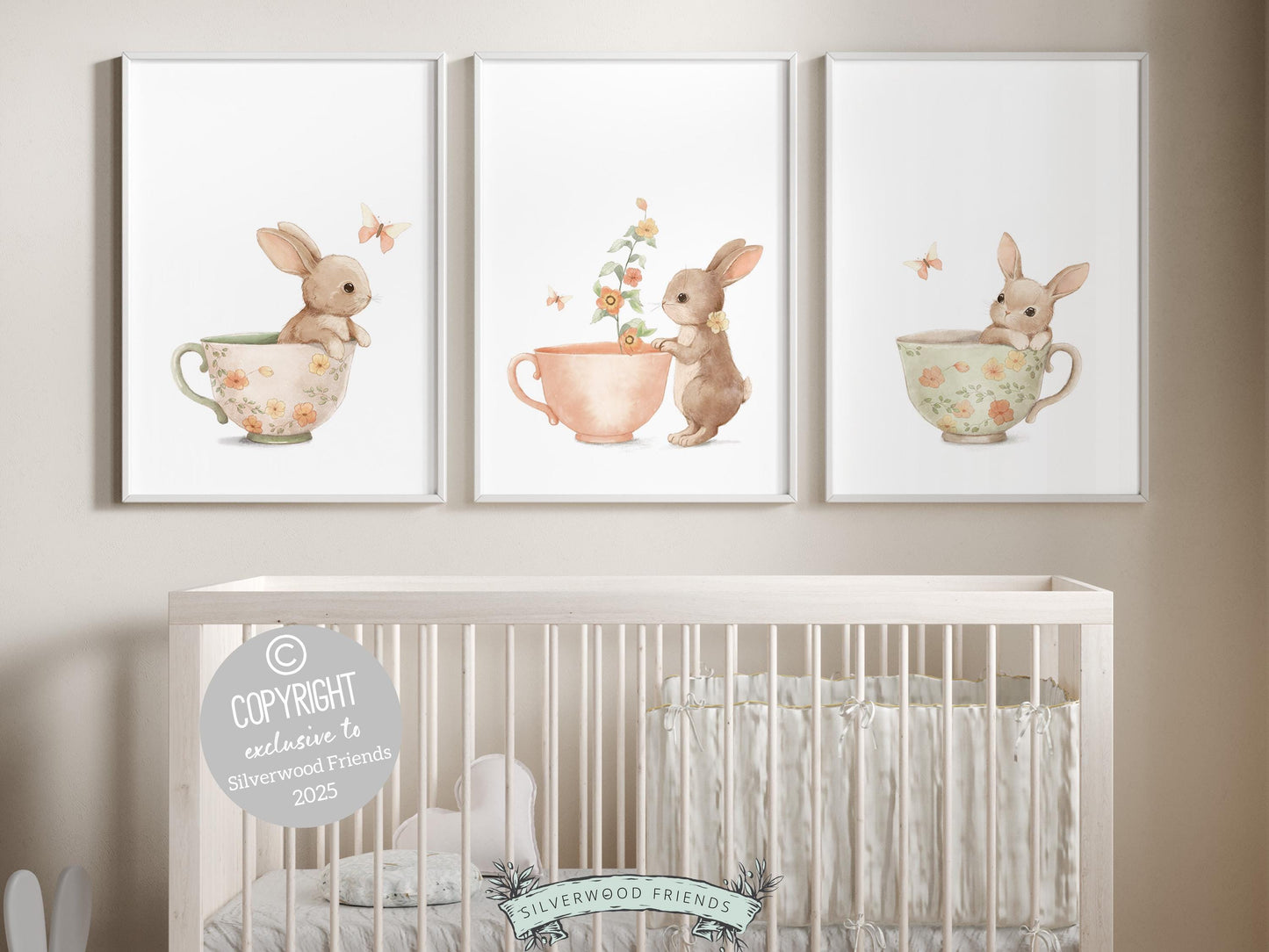 Our gorgeous Bunny Nursery Prints with watercolor bunny rabbits, wildflowers and butterflies, is perfect for your little girls wildflower nursery decor or Easter decor, and also makes a unique baby shower gift.