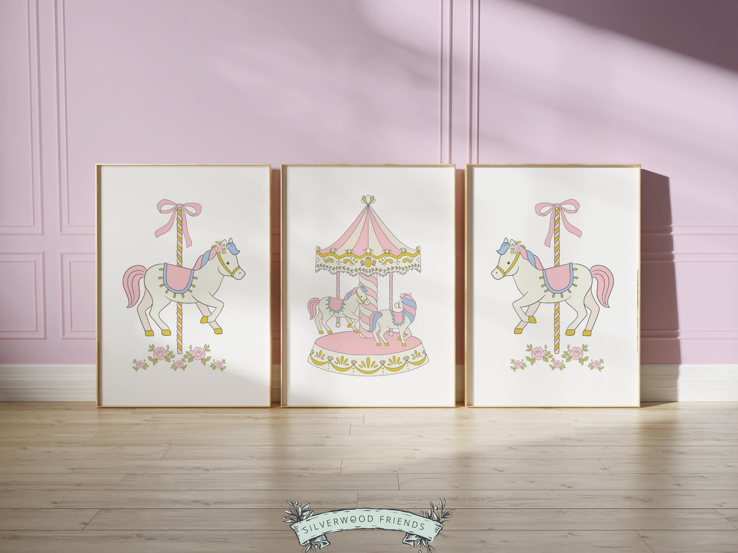 Carousel Nursery Prints, Pink Nursery Wall Art, Girl's Horse Nursery Decor, Theme Park Carnival Wall Decor, Preppy Room Decor Digital Print