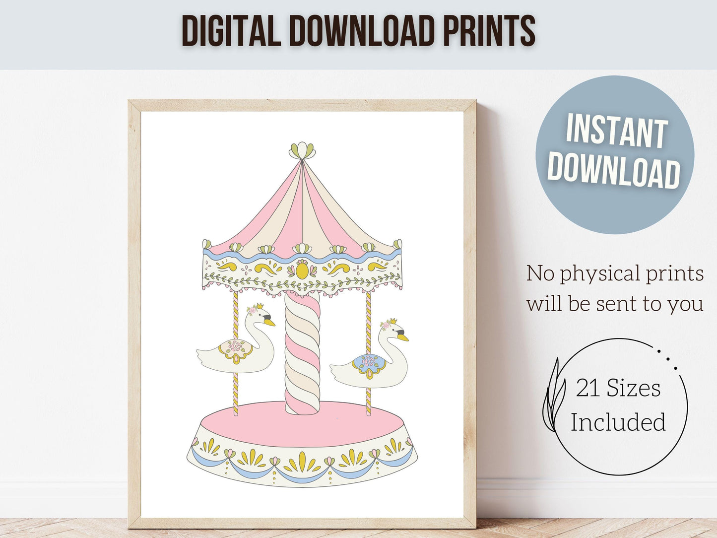 Carousel Nursery Prints, Nursery Wall Art, Girl's Swan Nursery Decor, Kids Carnival Room Wall Decor, Fairytale Princess Decor Digital Print