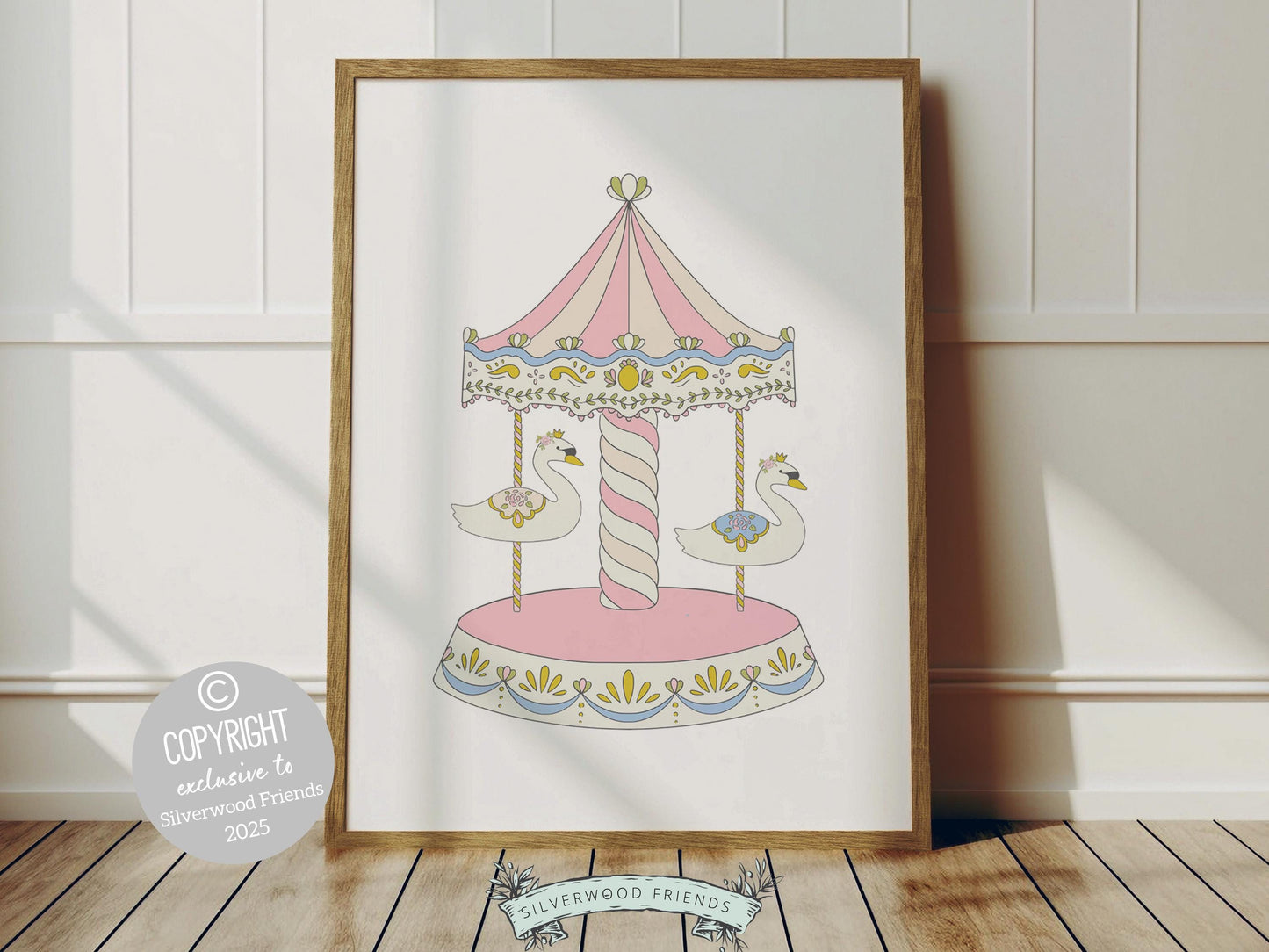 Carousel Nursery Prints, Nursery Wall Art, Girl's Swan Nursery Decor, Kids Carnival Room Wall Decor, Fairytale Princess Decor Digital Print