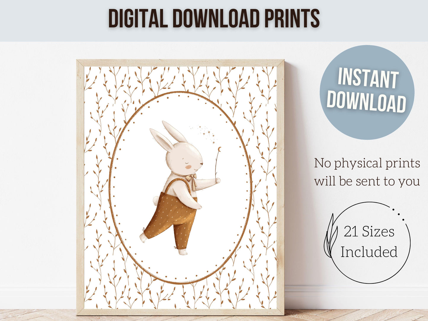 Woodland Bunny Nursery Prints, Woodland Animal Nursery Decor, Neutral Boho Woodland Bunny Nursery Wall Art, Moon Star Nursery Digital Print