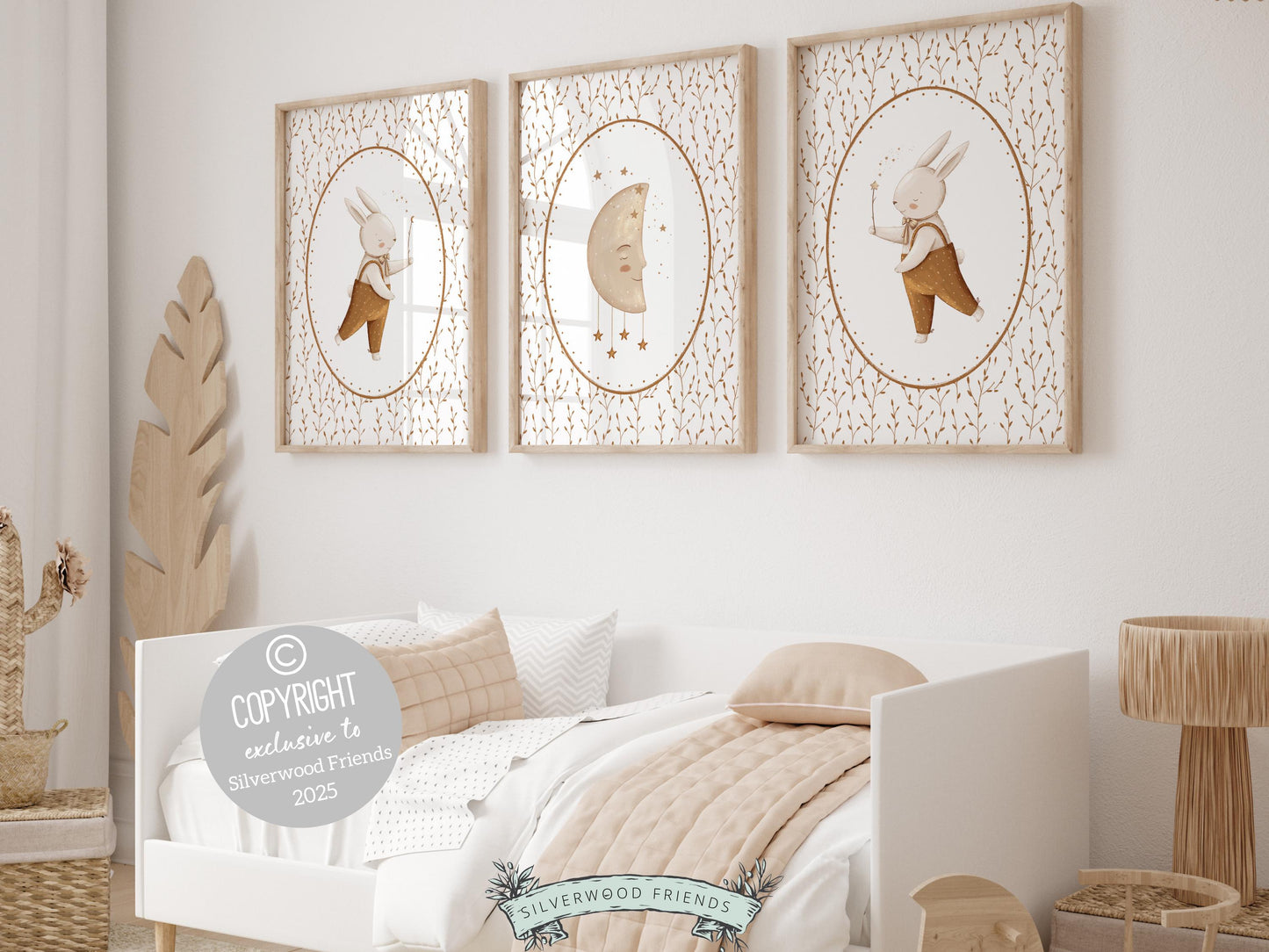 Woodland Bunny Nursery Prints, Woodland Animal Nursery Decor, Neutral Boho Woodland Bunny Nursery Wall Art, Moon Star Nursery Digital Print