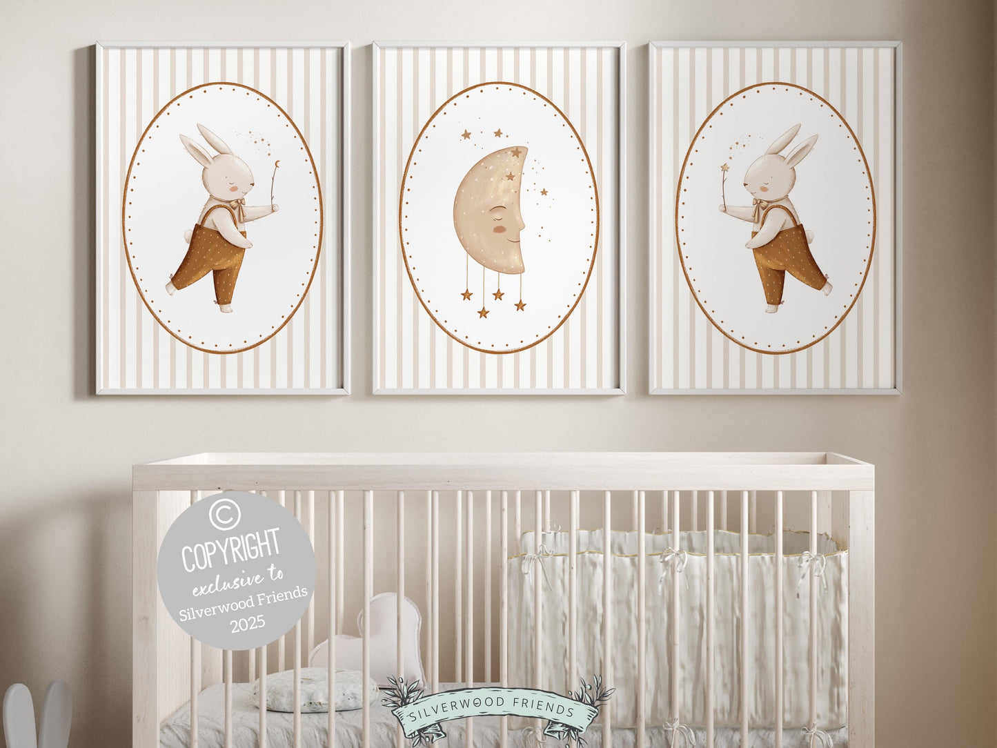 Bunny Nursery Prints, Beige Brown Woodland Bunny Rabbit Nursery Decor, Bunny Moon Star Nursery Wall Art Unisex Neutral Nursery Digital Print