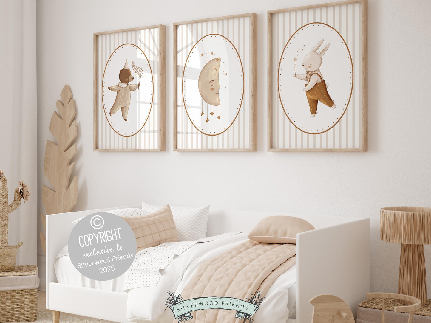 Our delightful Set of 3 Bear and Bunny Nursery Prints features adorable bear, bunny, moon and stars with beige and white chinoiserie stripes. Perfect for your bear nursery decor or woodland nursery decor and also makes a unique baby shower gift.