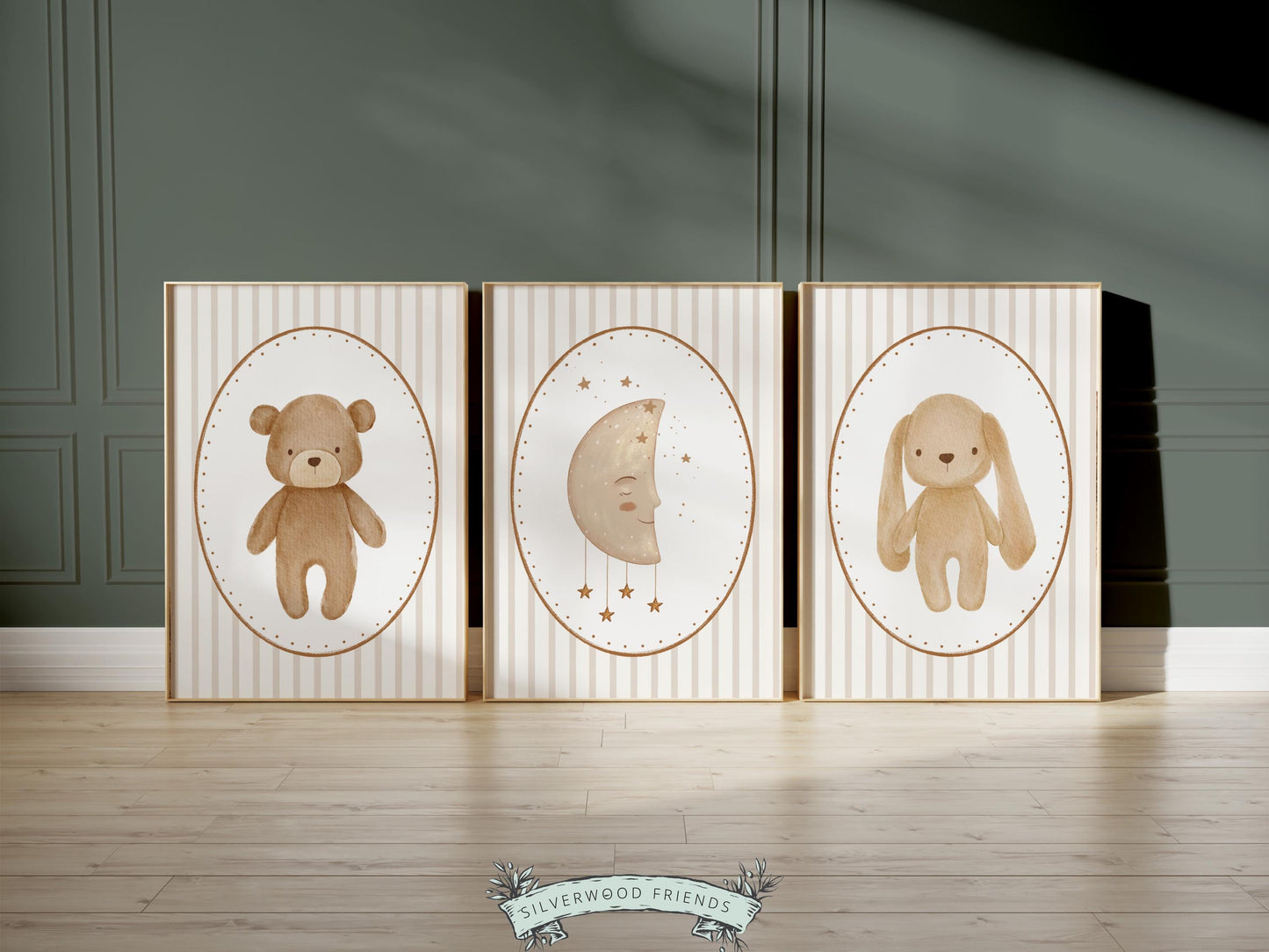 Baby Bear Nursery Prints, Vintage Woodland Teddy Bear Bunny Nursery Decor, Teddy Bear Nursery Wall Art Neutral Unisex Nursery Digital Print