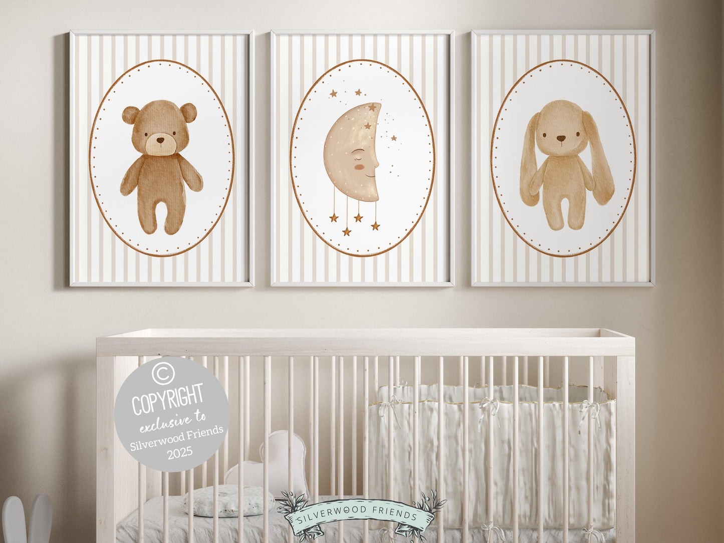 Baby Bear Nursery Prints, Vintage Woodland Teddy Bear Bunny Nursery Decor, Teddy Bear Nursery Wall Art Neutral Unisex Nursery Digital Print