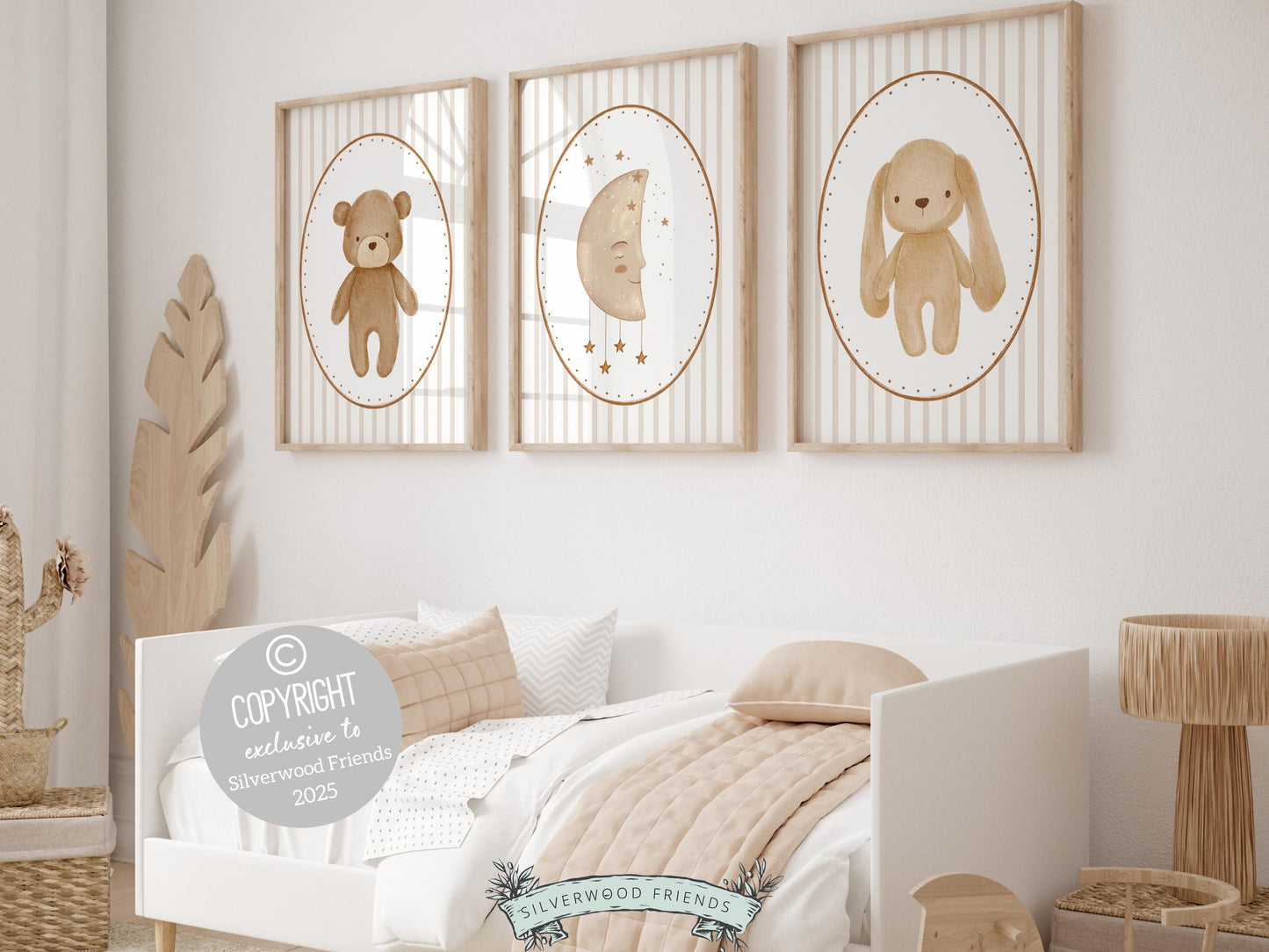Set of 3 Bear and Bunny Nursery Prints features adorable brown bear, bunny and moon with beige and white chinoiserie stripes. Perfect for your bear nursery decor or woodland nursery decor and also makes a unique gender neutral baby shower gift.