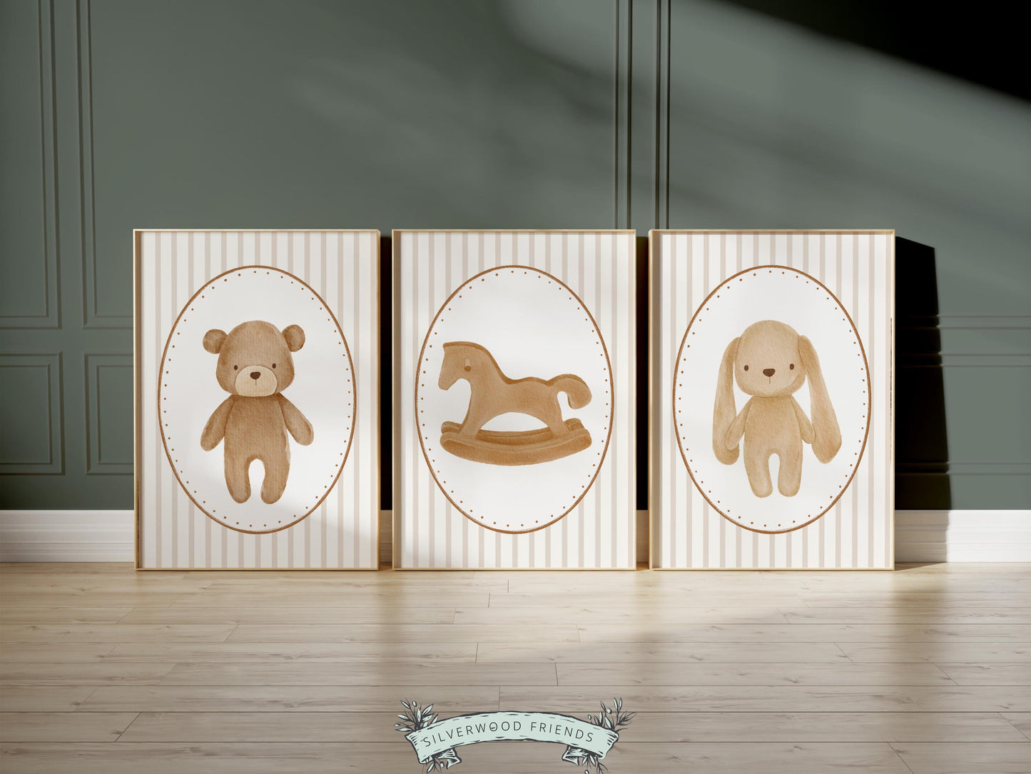 Baby Bear Nursery Prints, Vintage Woodland Teddy Bear Bunny Nursery Decor, Teddy Bear Nursery Wall Art Neutral Unisex Nursery Digital Print