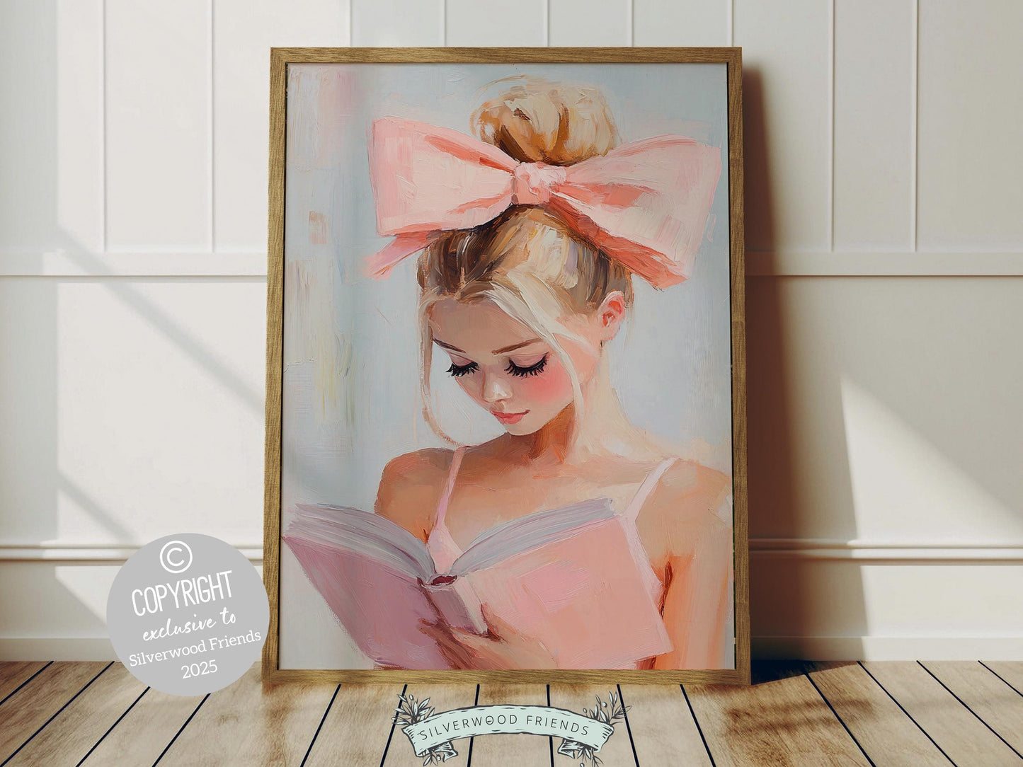 This adorable pastel pink print features a blonde girl in a ballerina tutu, reading her favourite book, adding a touch of whimsy and charm. Perfect for your girly book nook or reading room decor, it also makes a thoughtful gift for any book lover!