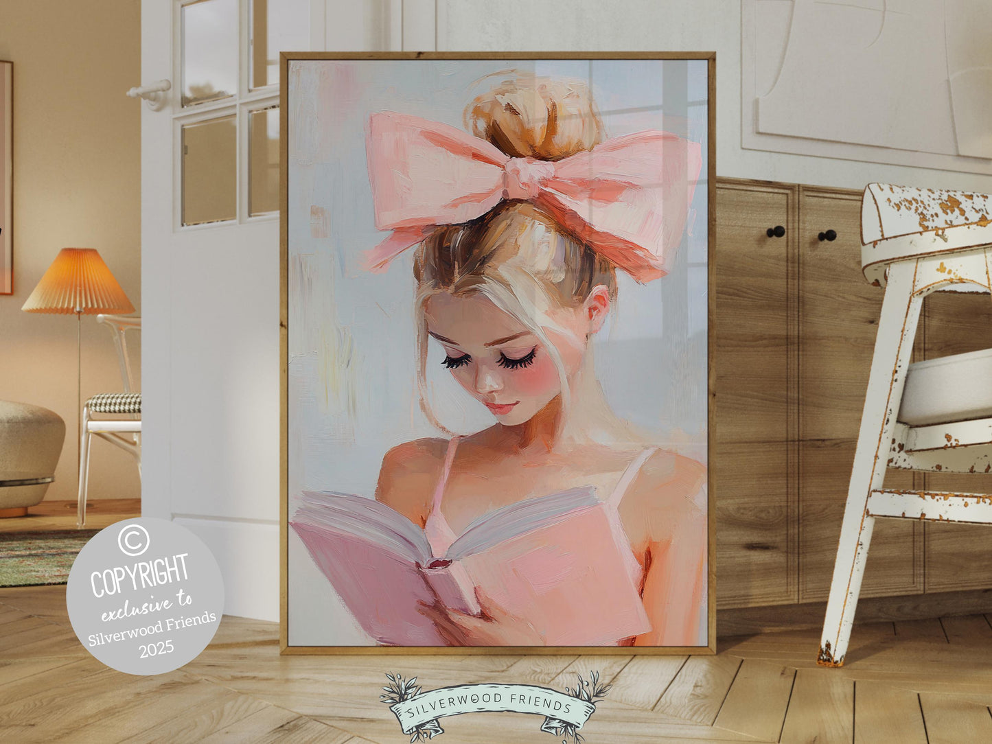 Blonde Girl Reading Poster Print, Pastel Book Nook Library Wall Art Print, Pink Girly Bookish Library Decor Apartment Wall Art Digital Print