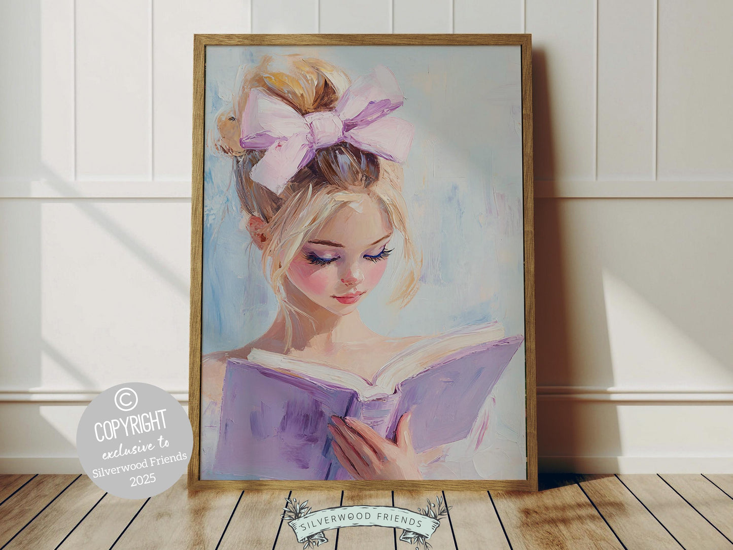 Transform your book lover's haven with this enchanting pastel print, designed in an elegant oil painting style. Featuring a blonde girl immersed in her favourite book, this artwork brings a whimsical touch to any reading nook or book-themed decor.