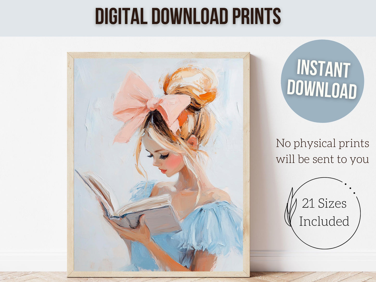 Blonde Girl Reading Painting, Pastel Blue Book Nook Wall Art Print, Girly Kids Room Bookish Wall Decor Reading Playroom Poster Digital Print