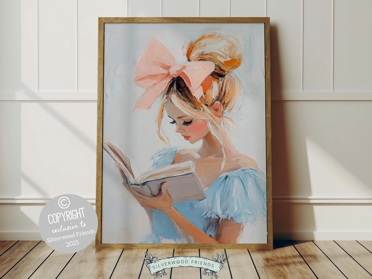 Transform your book lover's haven with this enchanting pastel reading print, designed in an elegant oil painting style. Featuring a blonde girl immersed in her favourite book, this artwork brings a whimsical touch to any book-themed decor.