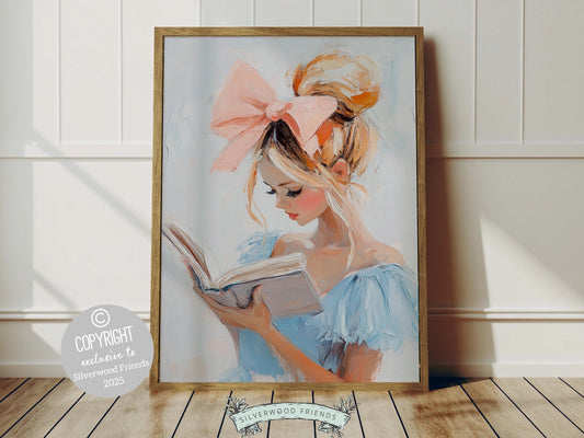 Transform your book lover's haven with this enchanting pastel reading print, designed in an elegant oil painting style. Featuring a blonde girl immersed in her favourite book, this artwork brings a whimsical touch to any book-themed decor.