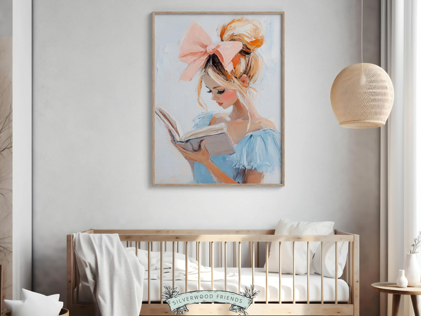 Blonde Girl Reading Painting, Pastel Blue Book Nook Wall Art Print, Girly Kids Room Bookish Wall Decor Reading Playroom Poster Digital Print