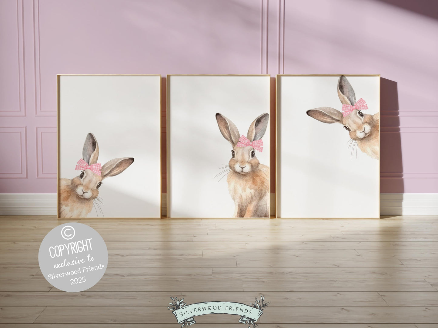 Peeking Bunny Nursery Prints, Baby Girl Pink Woodland Animal Bunny Nursery Decor, Baby Girl Bunny Rabbit Bow Nursery Wall Art Digital Prints