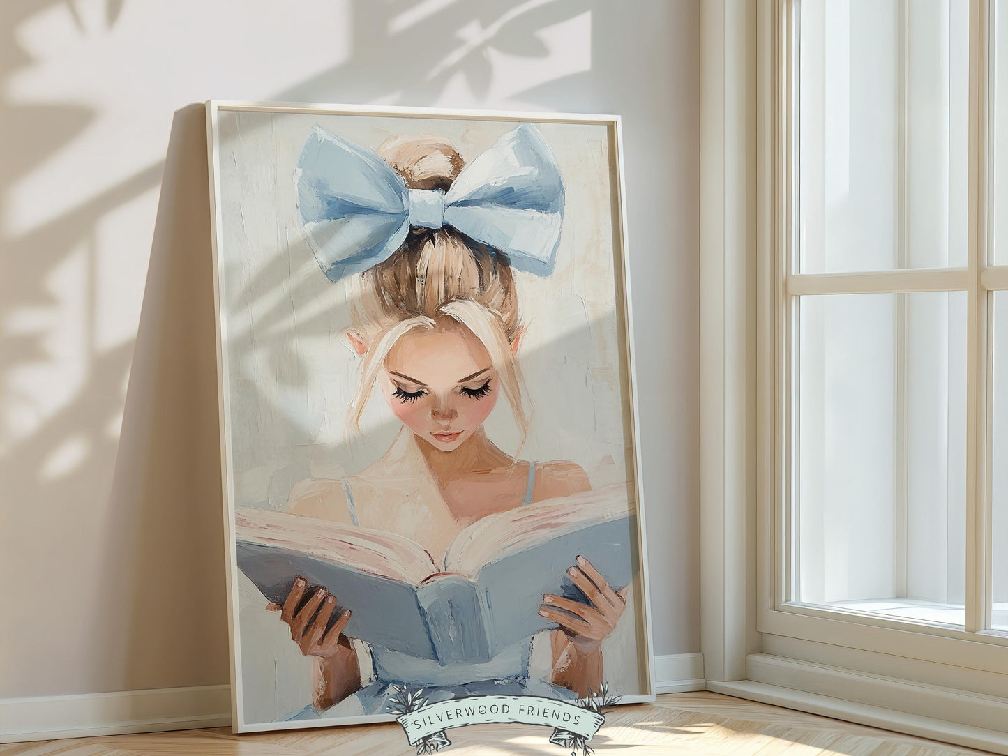 Blonde Girl Reading Poster Print, Pastel Book Nook Library Wall Art Print, Blue Girly Bookish Library Decor Apartment Wall Art Digital Print