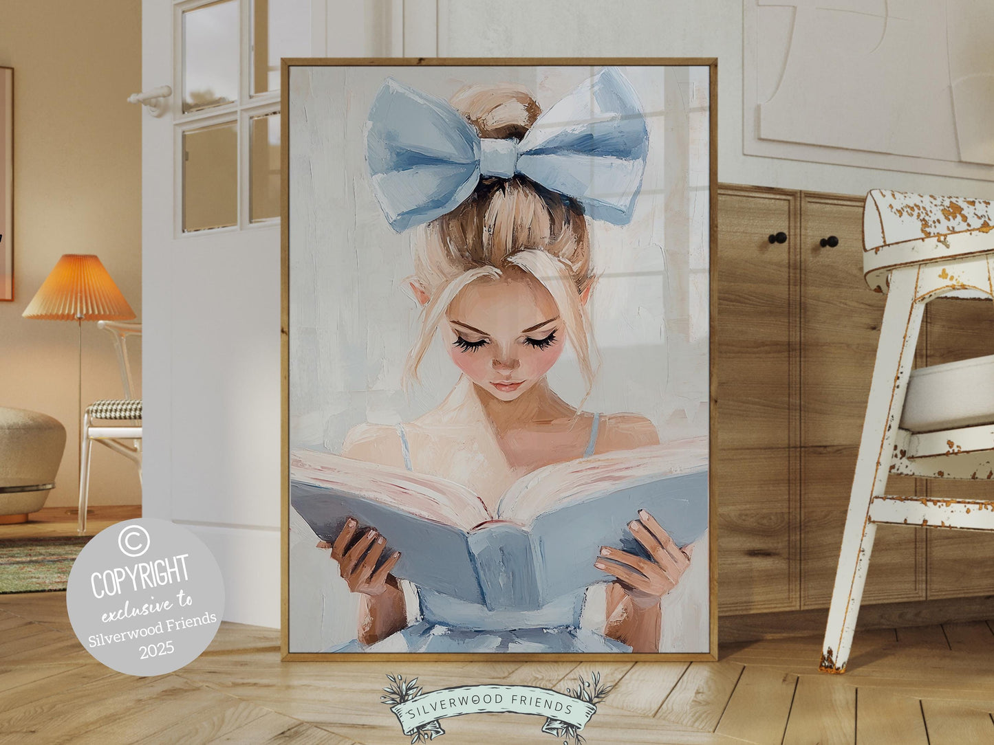 Blonde Girl Reading Poster Print, Pastel Book Nook Library Wall Art Print, Blue Girly Bookish Library Decor Apartment Wall Art Digital Print