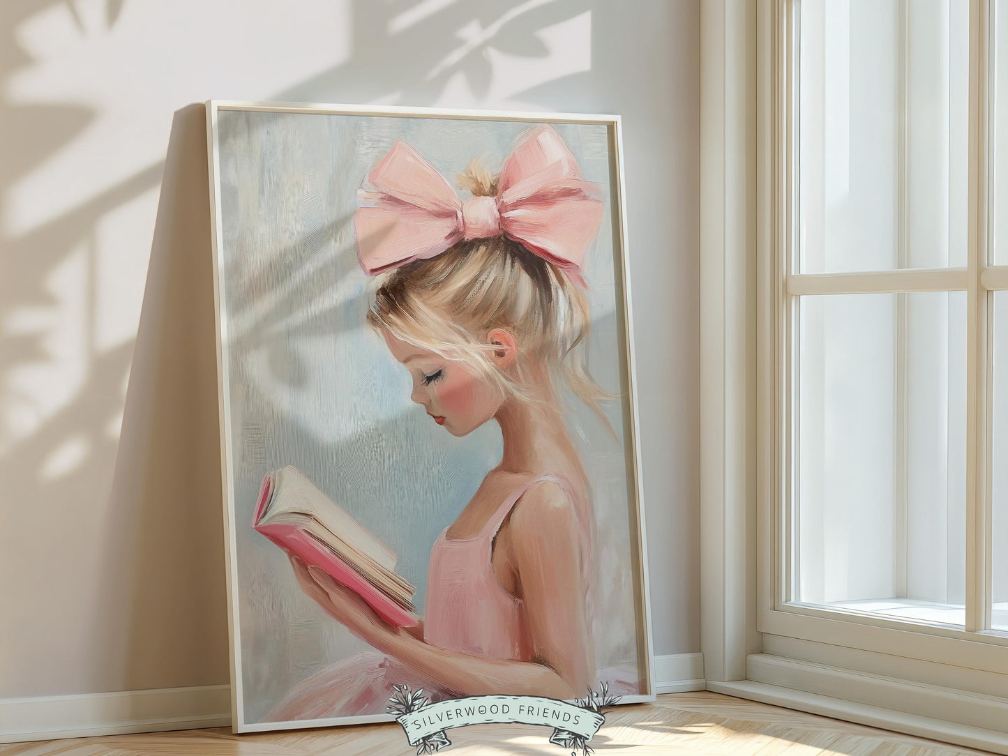 Blonde Girl Reading Poster Print, Pastel Book Nook Library Wall Art Print, Pink Girly Bookish Library Decor Apartment Wall Art Digital Print