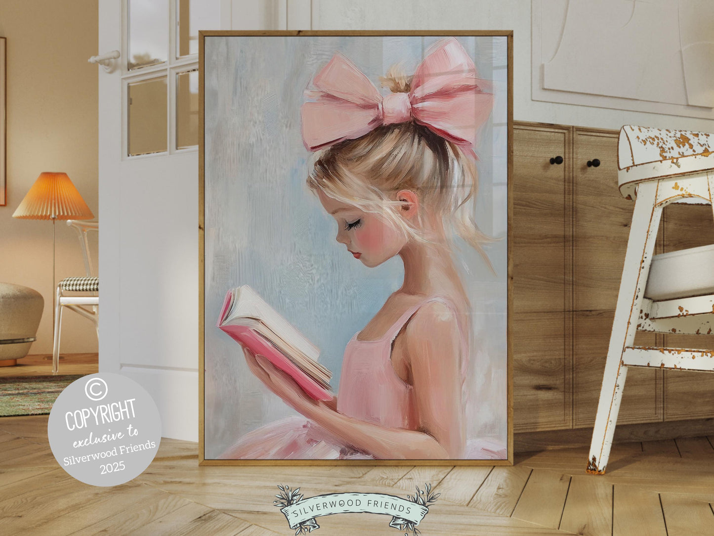 Elevate your space with this trendy pastel pink print, designed in a dreamy oil painting style. Featuring a chic blonde girl reading a book, complete with a statement pink bow in her hair, this artwork exudes playful charm.