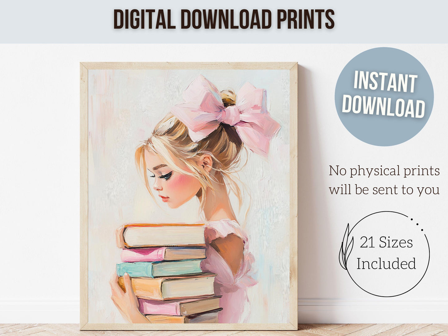 Blonde Girl Reading Poster Print, Pastel Book Nook Library Wall Art Print, Pink Girly Bookish Library Decor Apartment Wall Art Digital Print