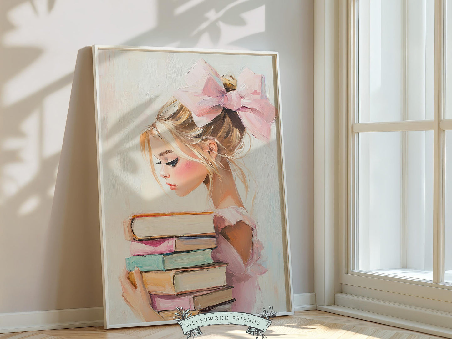 Blonde Girl Reading Poster Print, Pastel Book Nook Library Wall Art Print, Pink Girly Bookish Library Decor Apartment Wall Art Digital Print