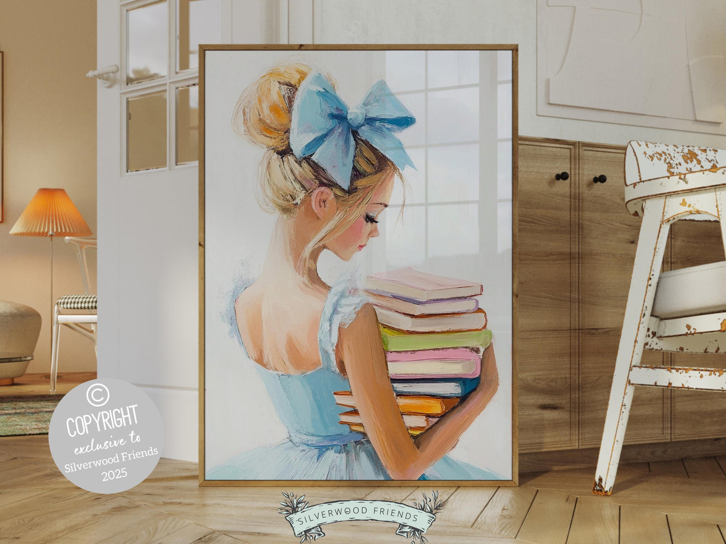 Blonde Girl Reading Poster Print, Pastel Book Nook Library Wall Art Print, Blue Girly Bookish Library Decor Apartment Wall Art Digital Print
