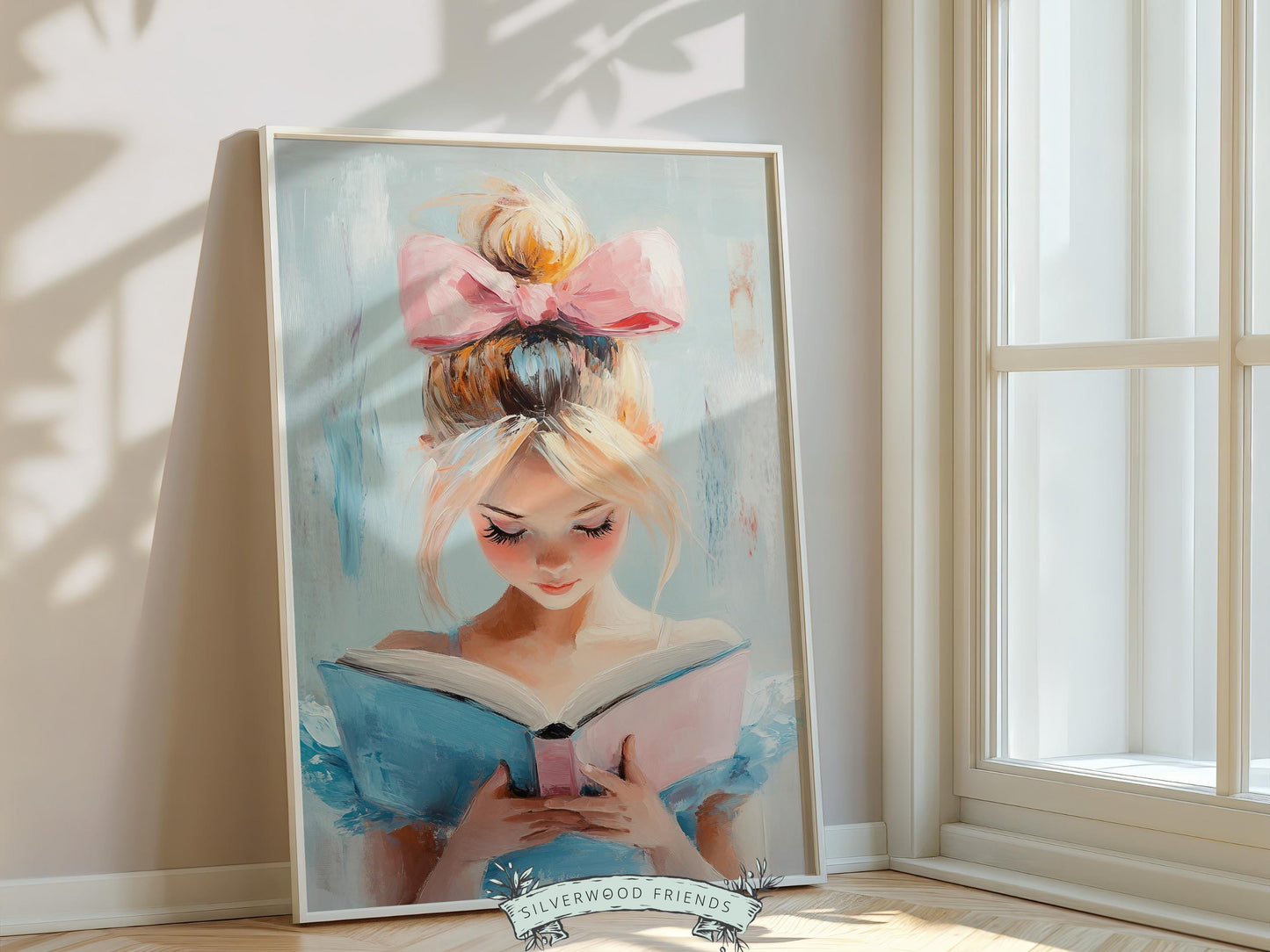 Pastel Reading Print, Pastel Book Nook Library Wall Art Print, Pink Blue Girly Bookish Library Decor, Princess Reading Nursery Digital Print