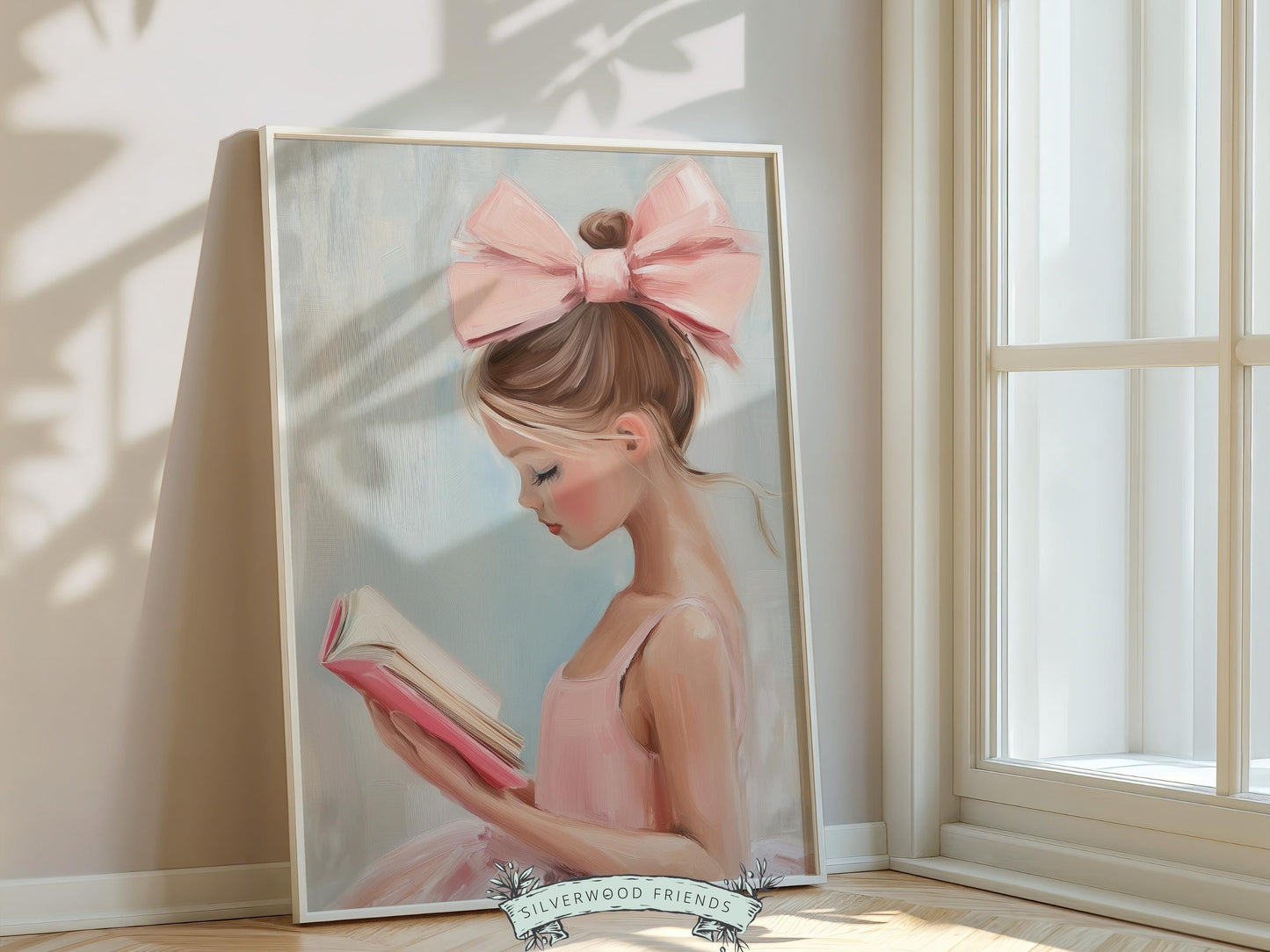 Girl's Pink Reading Poster Print, Pastel Book Nook Library Wall Art Print, Pink Girly Bookish Library Decor Apartment Wall Art Digital Print