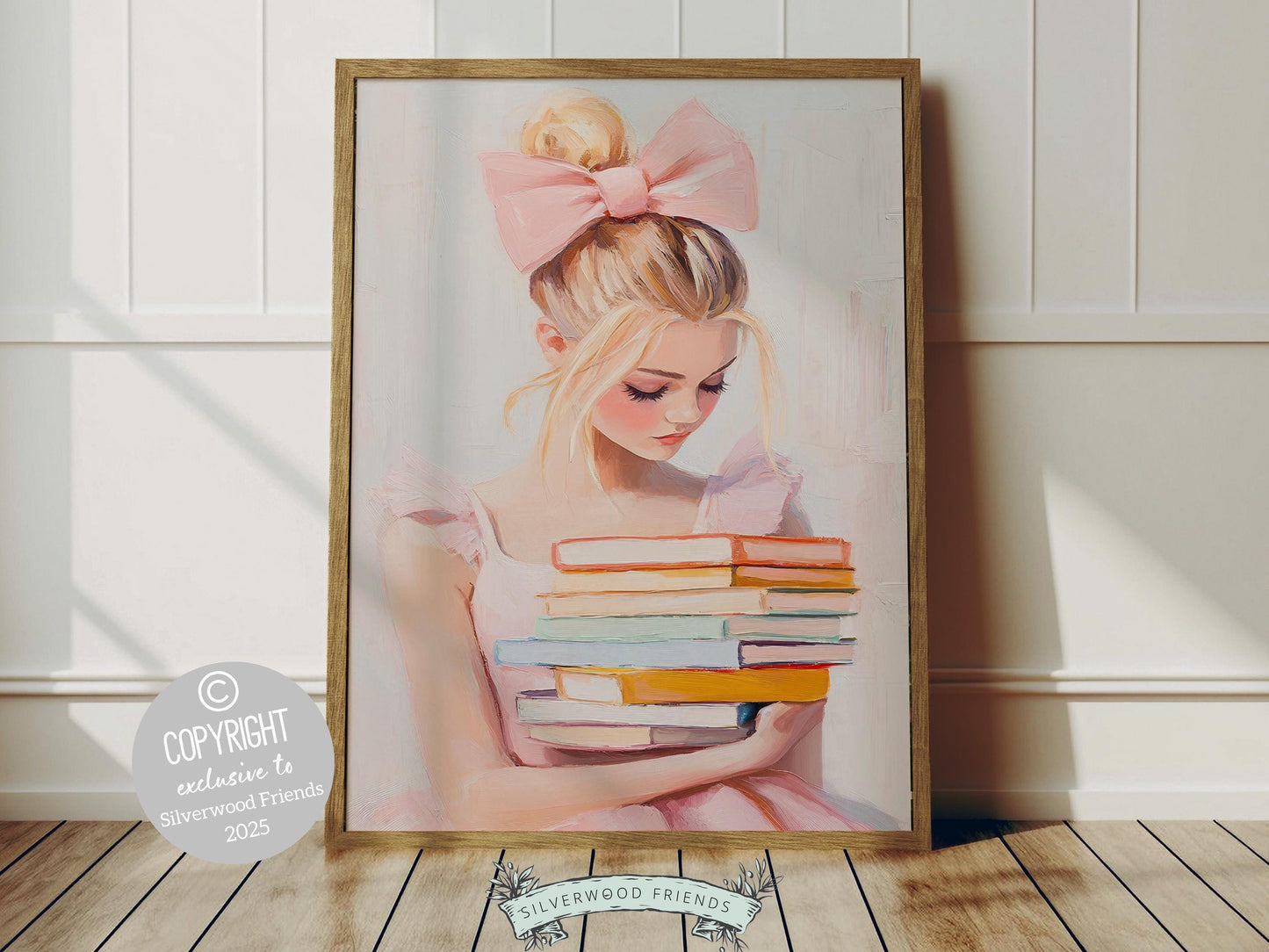Elevate your space with this trendy pastel pink print, designed in a dreamy oil painting style. Featuring a chic blonde girl holding a stack of pastel-colored books, complete with a statement pink bow in her hair, this artwork exudes playful charm.