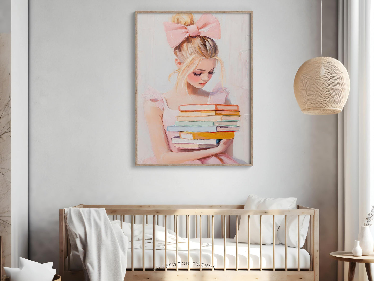 Blonde Girl Reading Poster Print, Pastel Book Nook Library Wall Art Print, Pink Girly Bookish Library Decor, Dorm Room Decor Digital Print