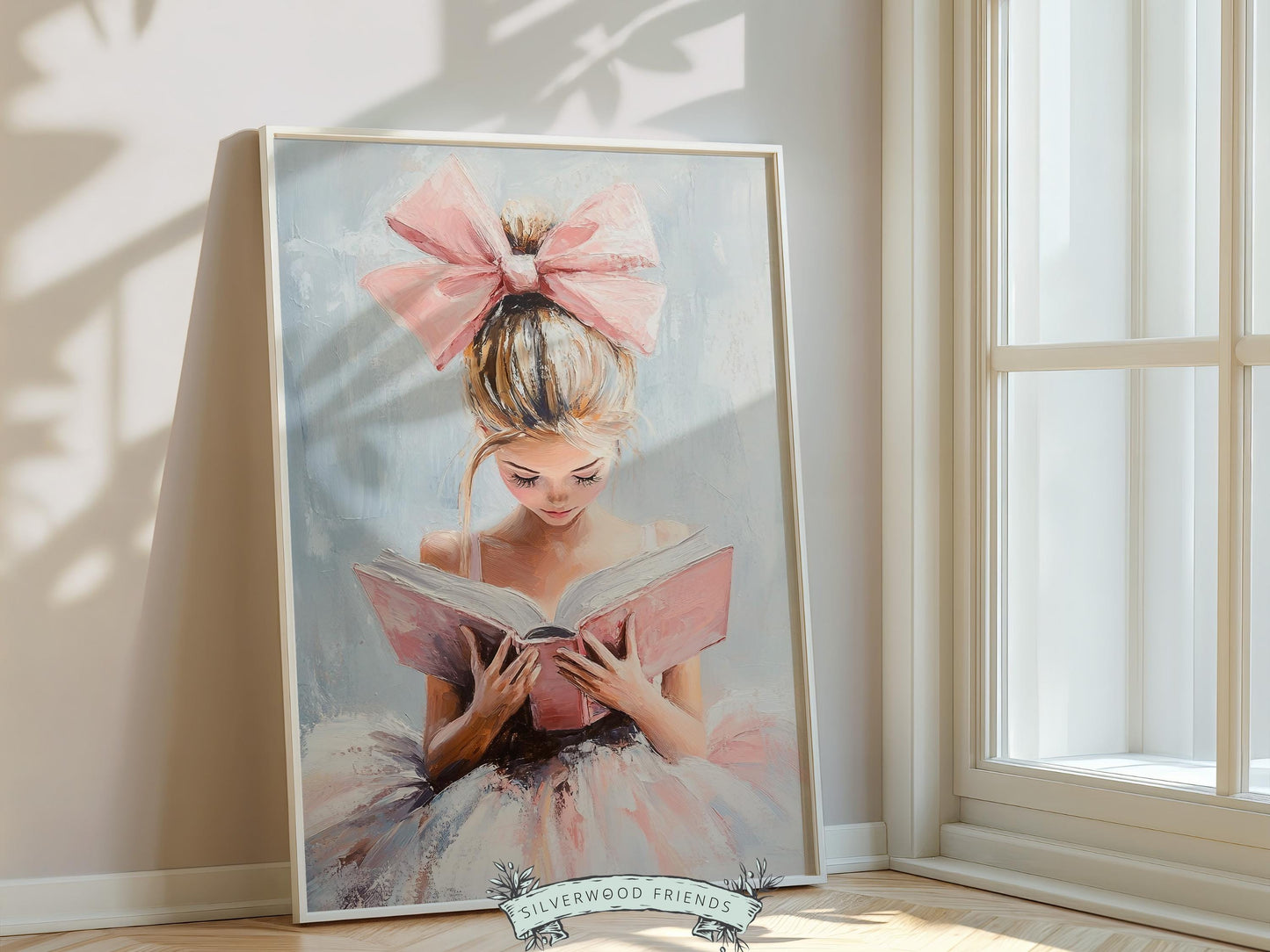 Blonde Girl Reading Poster Print, Pastel Book Nook Library Wall Art Print, Pink Girly Bookish Library Decor, Reading Nursery Digital Print