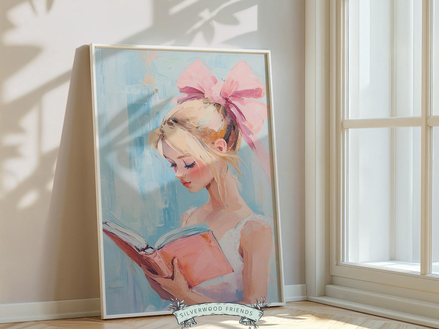 Blonde Girl Reading Poster Print, Pastel Book Nook Library Wall Art Print, Pink Girly Bookish Library Decor, Preppy Dorm Room Digital Print